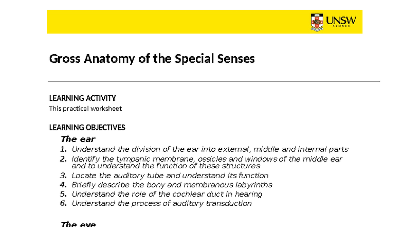 Gross Anatomy of the Special Senses Lab Manual 2025 - Studocu