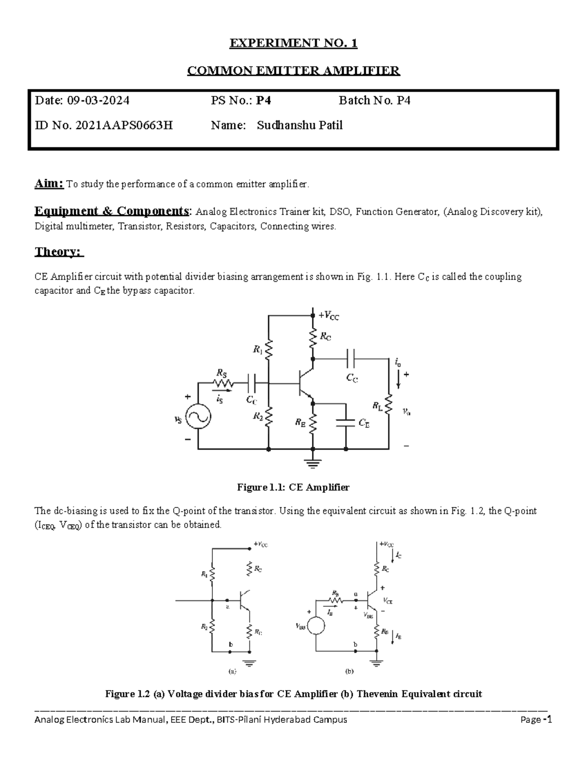 Experiment 1: Common Emitter Amplifier Analysis - Sudhanshu Patil - Studocu