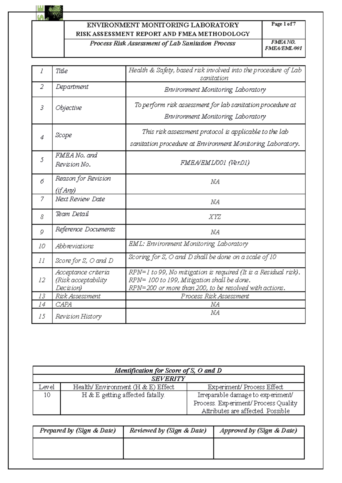 FMEA/EML Lab Sanitation Risk Assessment Report and Methodology - Studocu