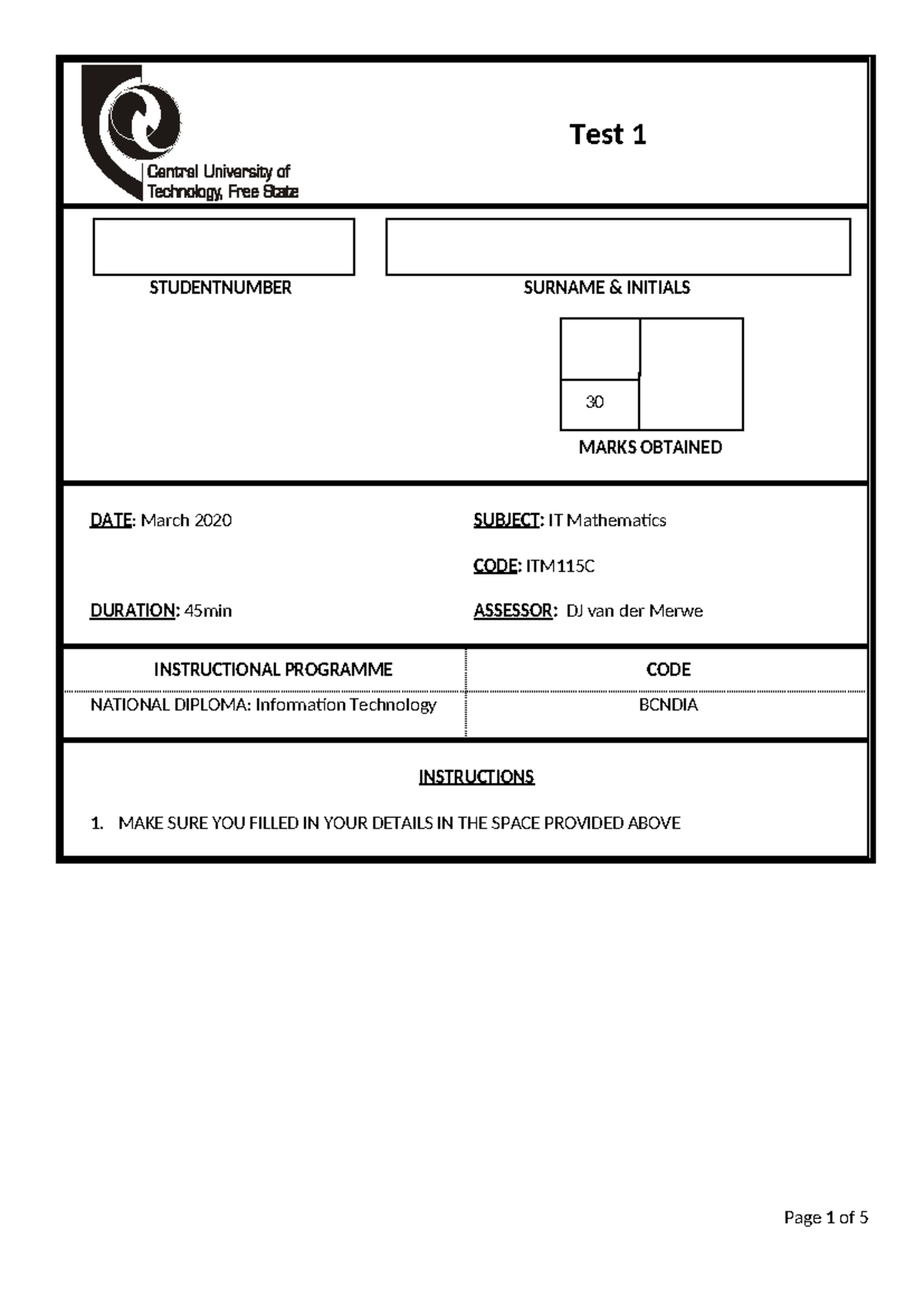 It math test 1 (2020) - IT MATH TEST 1 - Test 1 STUDENTNUMBER SURNAME ...
