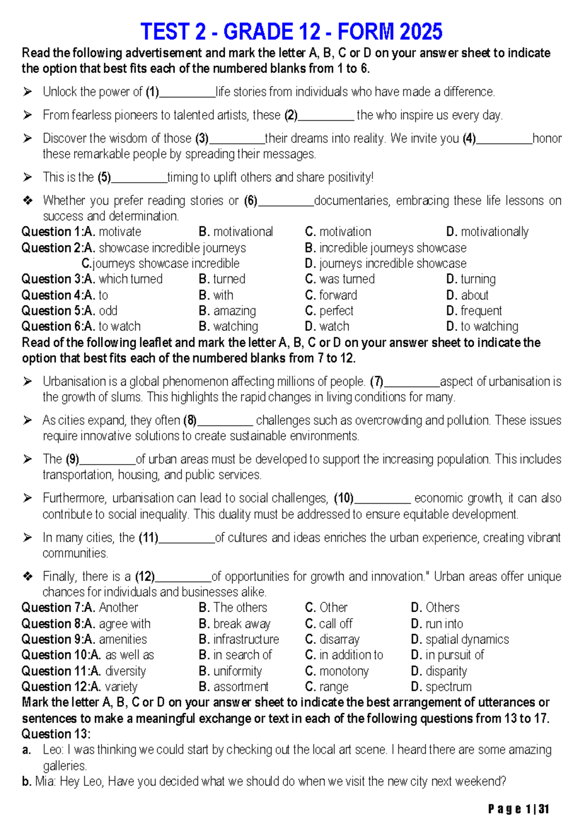 TEST 2 GRADE 12 FORM 2025 - Practice Exam Questions and Answers - Studocu