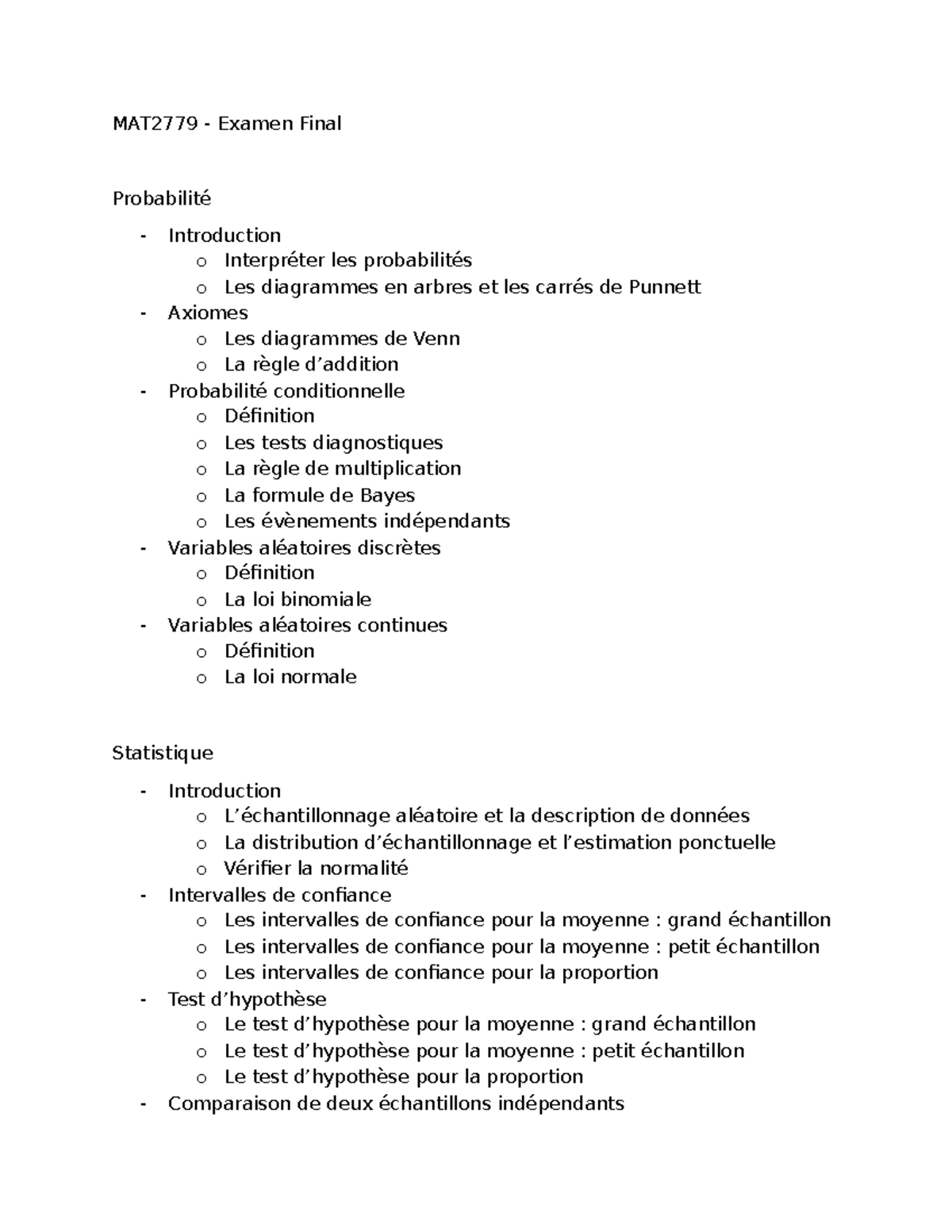 Guide d étude MAT2779 Examen Final Probabilité Introduction o Interpréter les probabilités