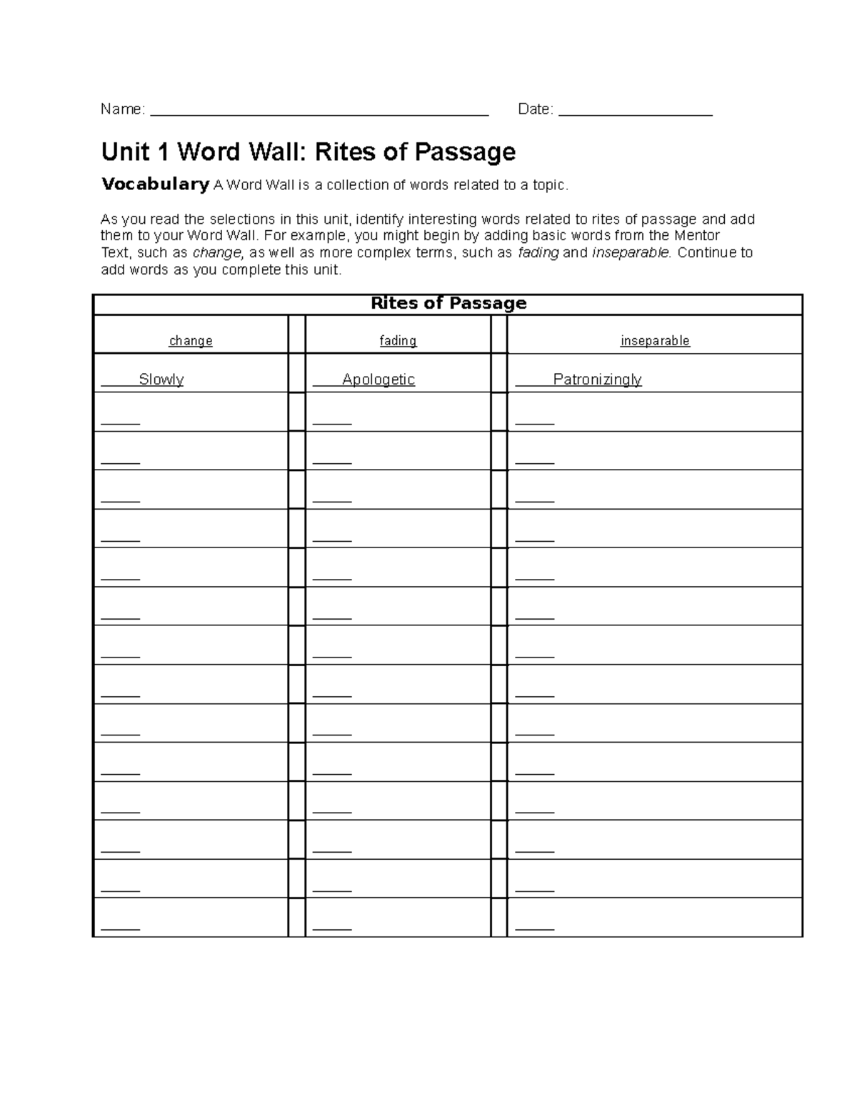 Prey - kjjj - Name: Date: Unit 1 Word Wall: Rites of Passage Vocabulary ...