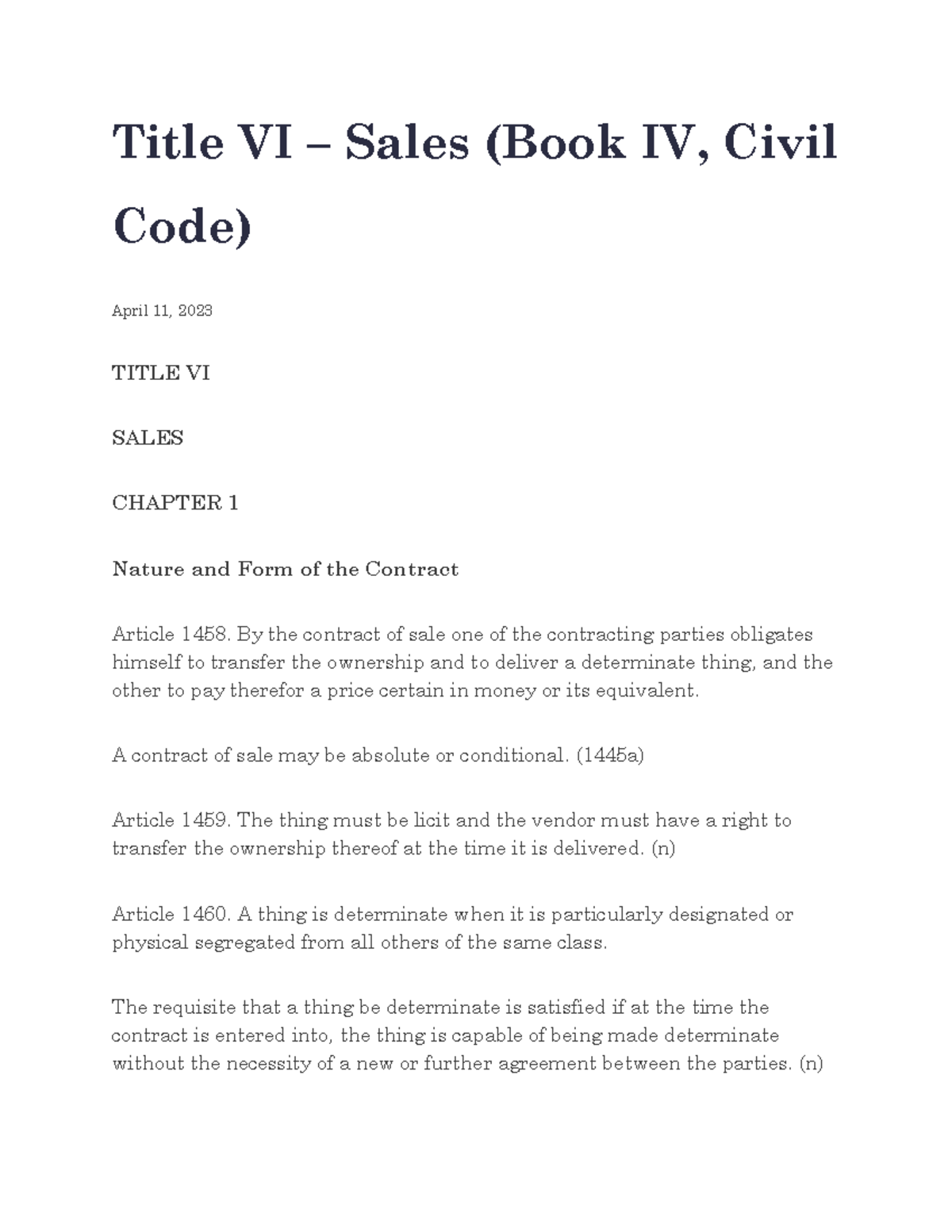 Title VI Sales: Nature, Form, and Obligations in Civil Code (Book IV ...