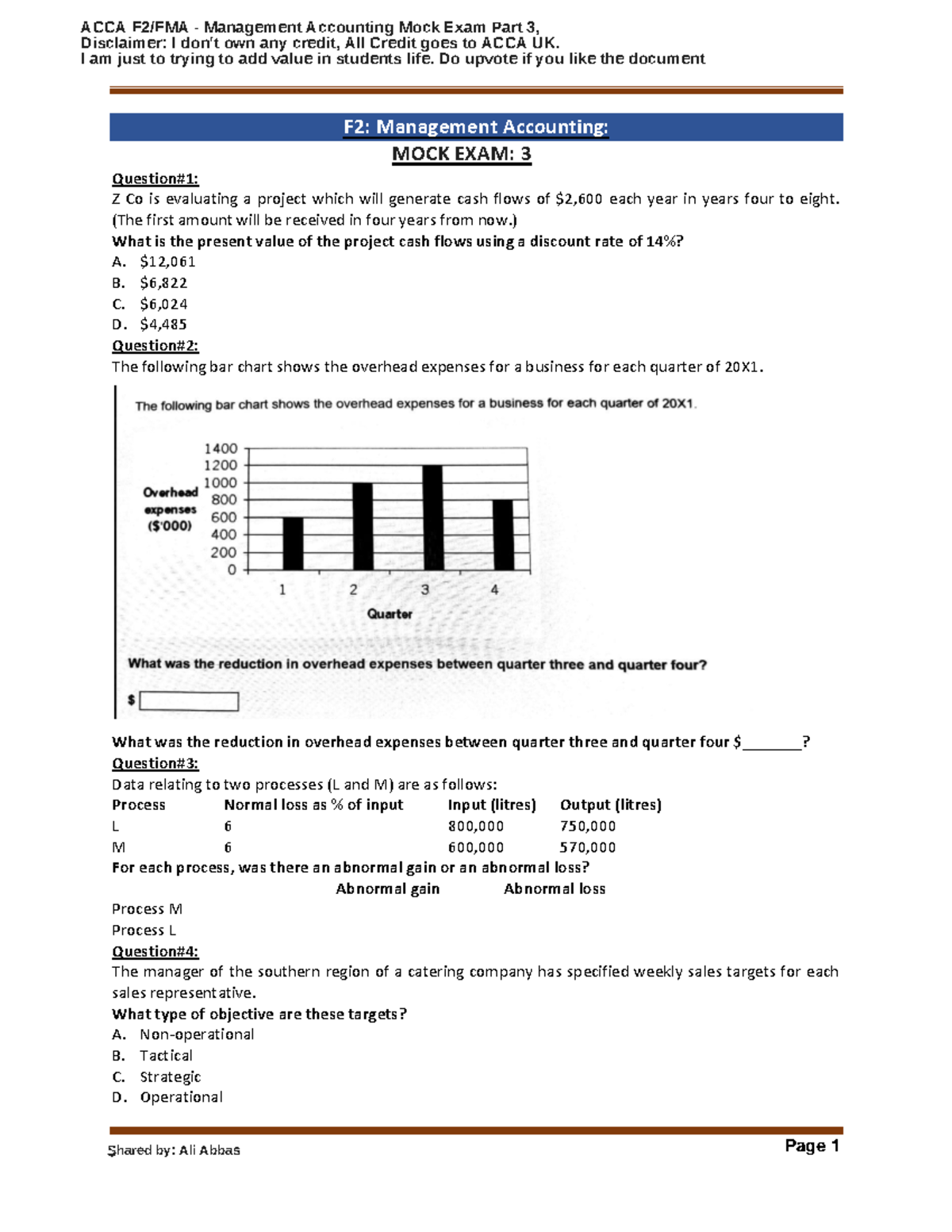ACCA F2 Management Accounting Mock Exam 3 - Shared by Ali Abbas - Studocu