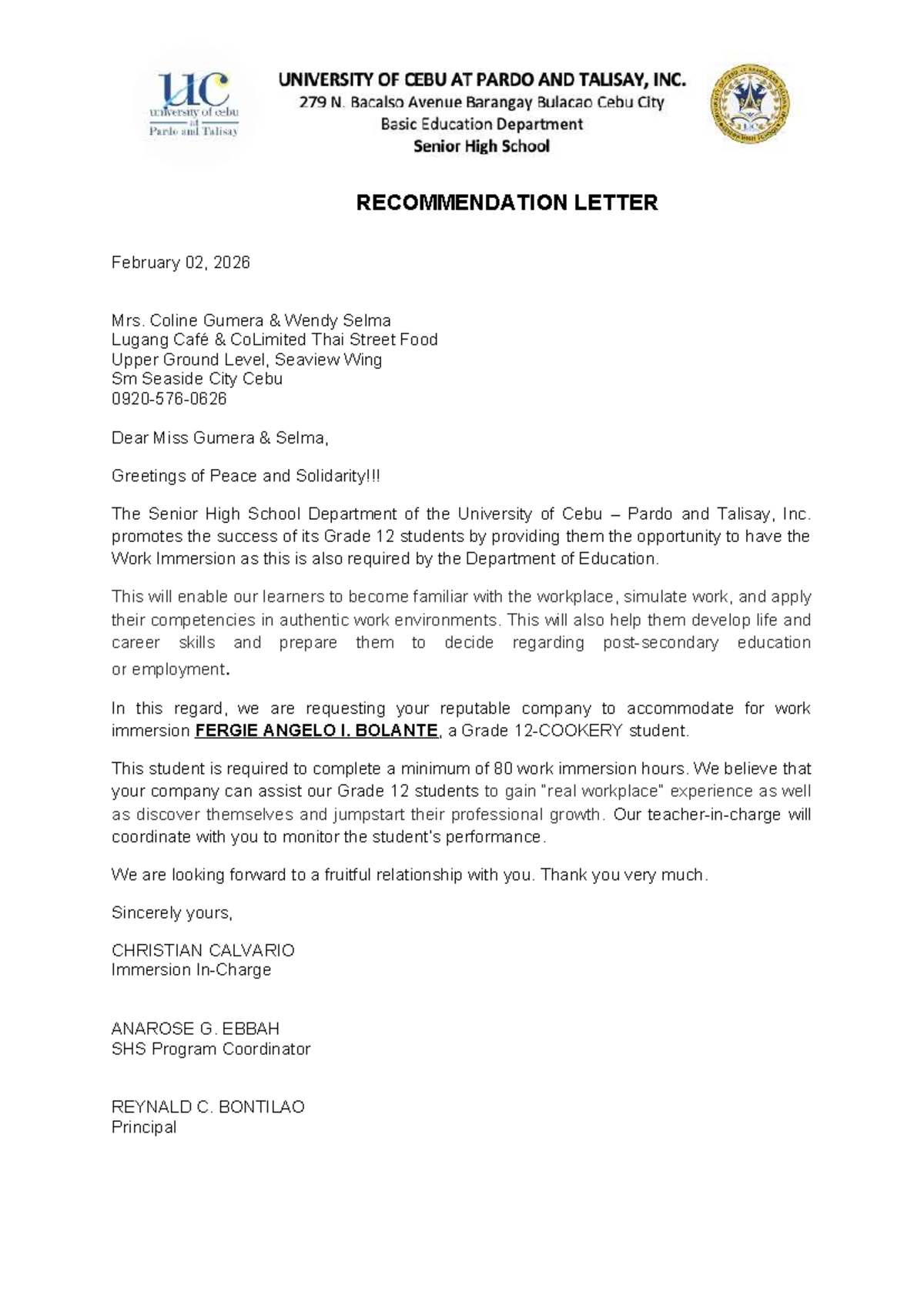 Work Immersion Partnership Agreement - UCPT SHS 2026 - Studocu