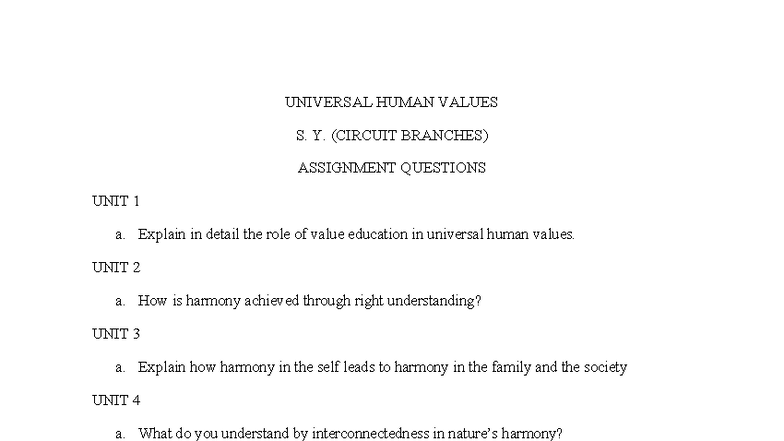 UHV assignment questions - UNIVERSAL HUMAN VALUES S. Y. (CIRCUIT ...