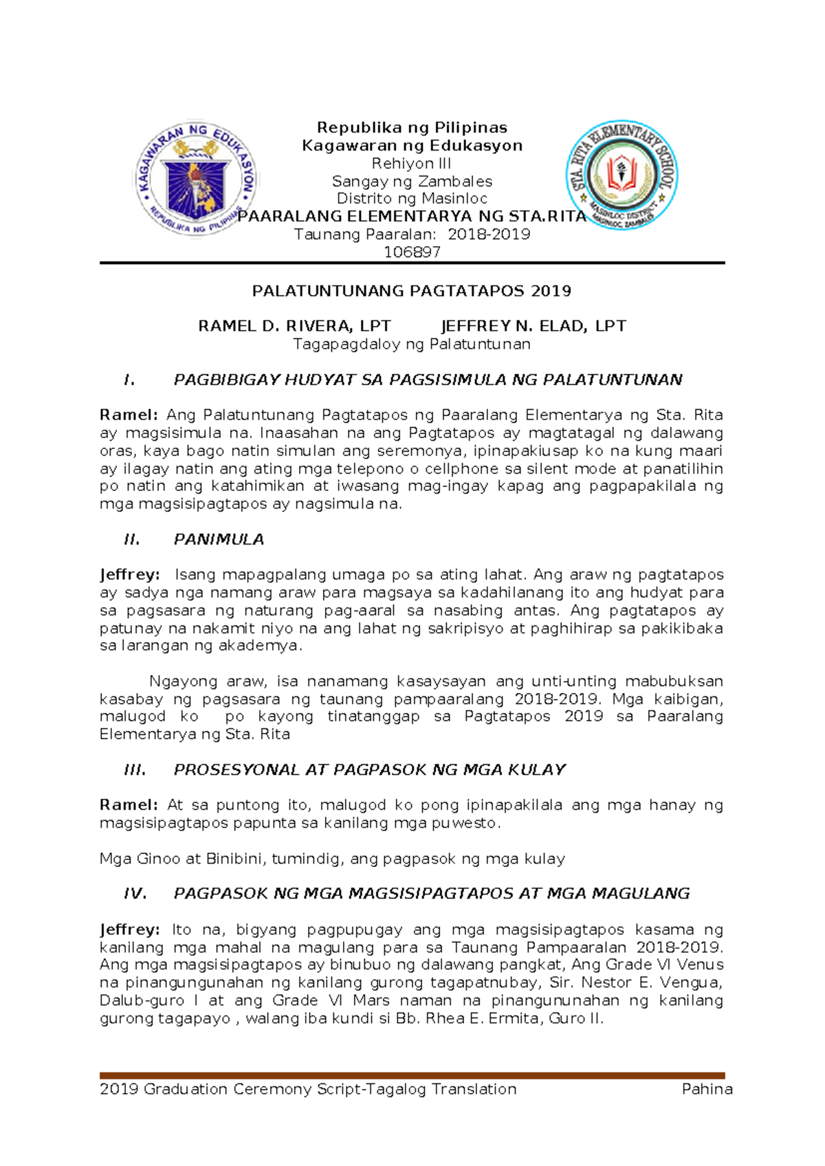 Official MC Script for Graduation 2019 - Sta. Rita Elementary - Studocu
