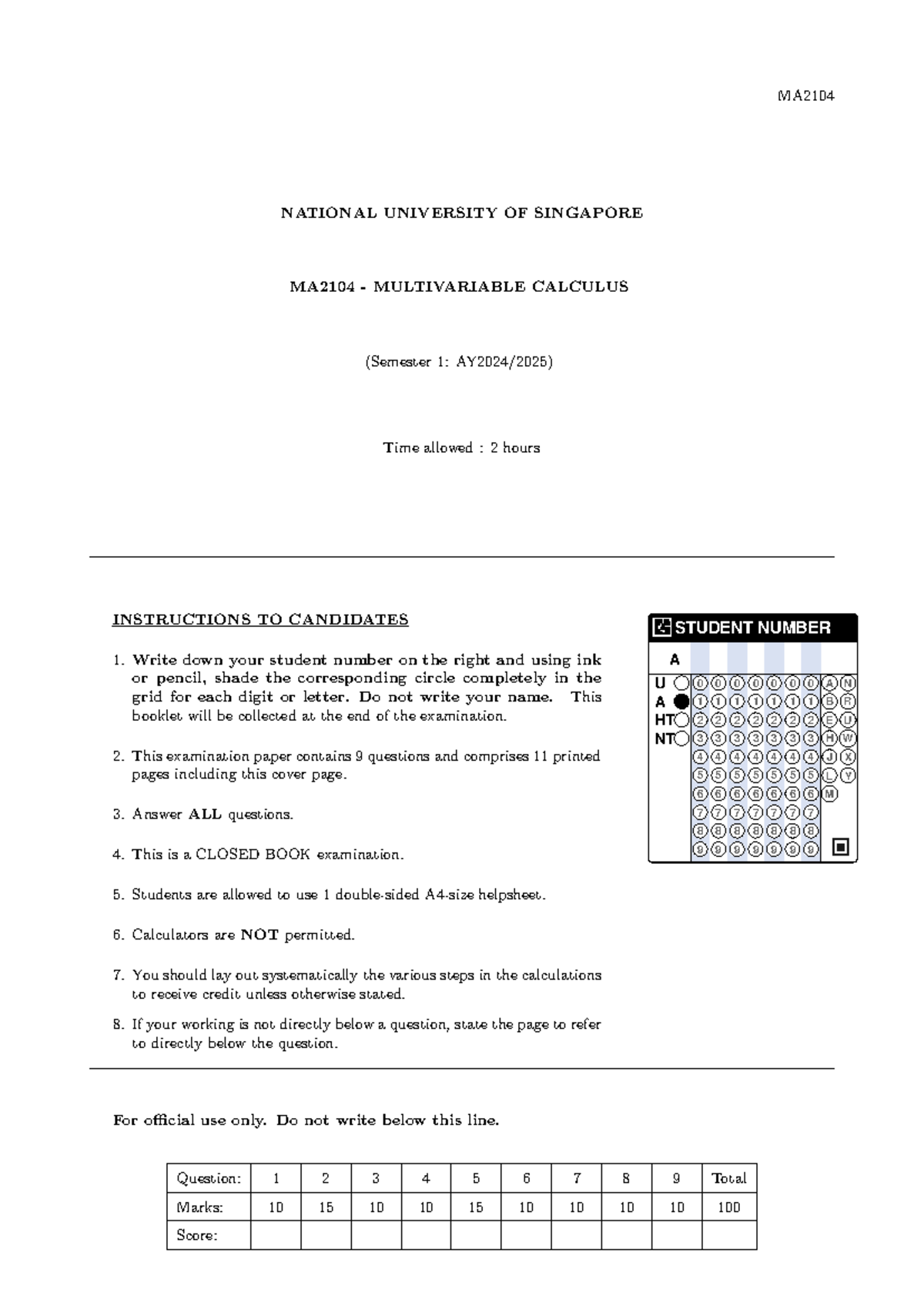 2425Sem1-MA2104 - MULTIVARIABLE CALCULUS FINAL EXAM - Studocu