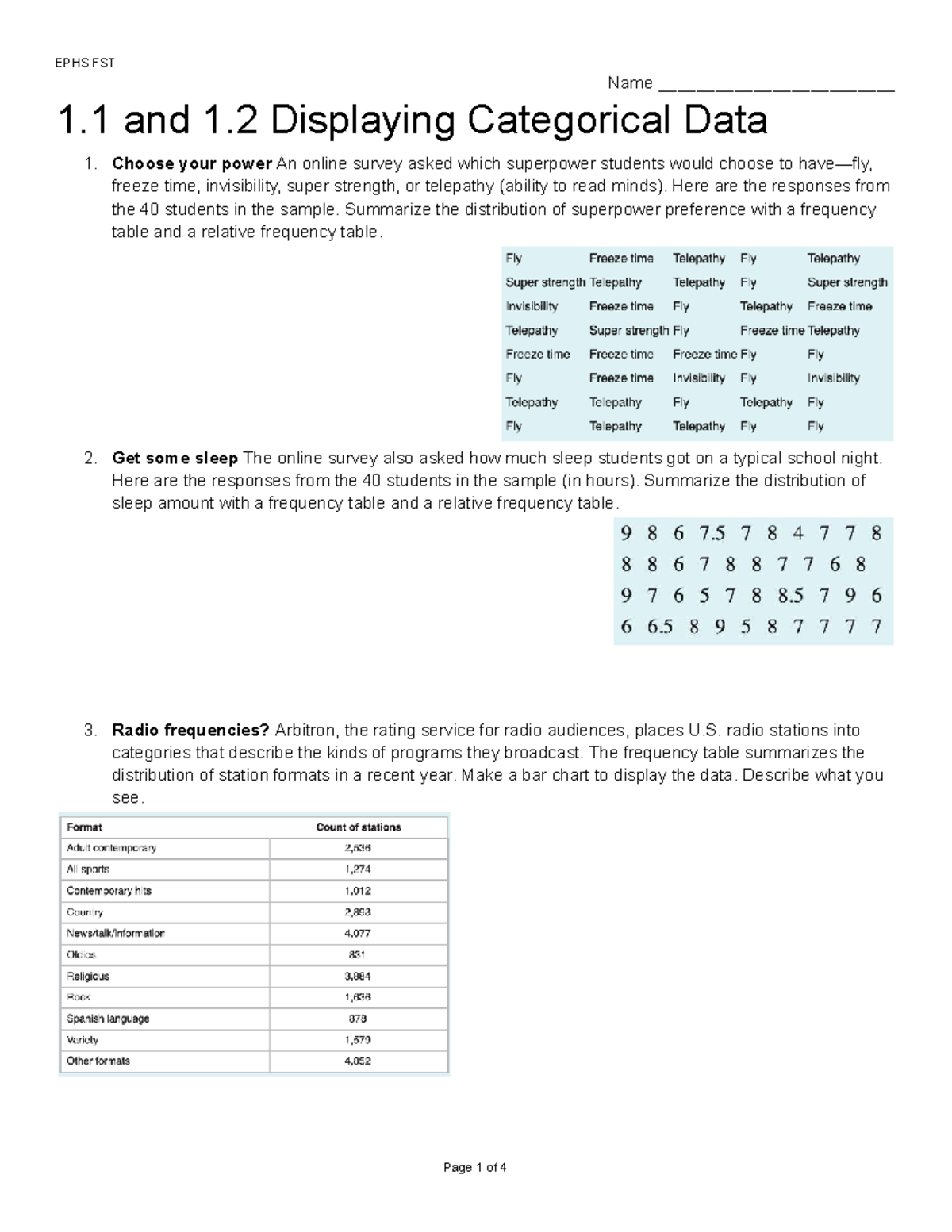 Categorical Data Display: Superpowers & Sleep Surveys (1.1 & 1.2) - Studocu