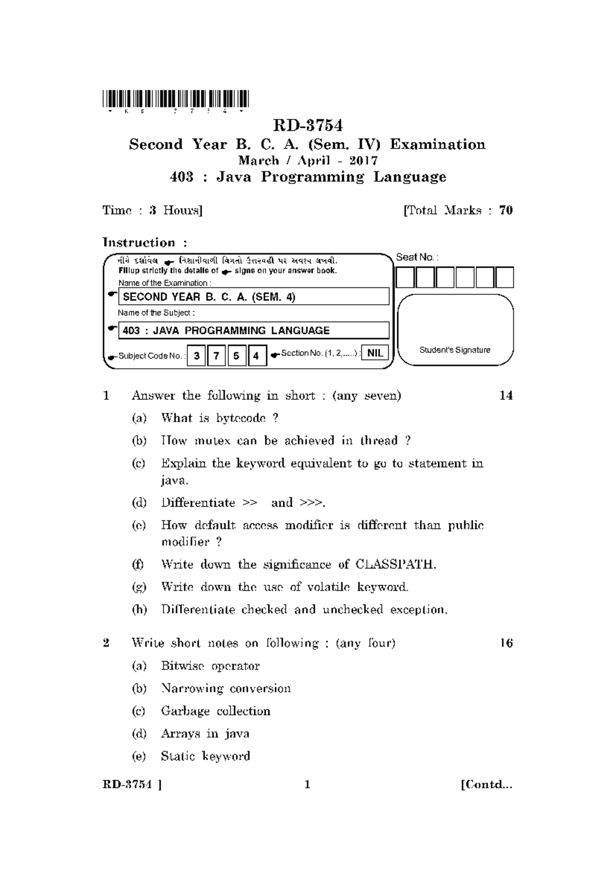 Second YEAR B. C. A. SEM. IV Examination March April 2017 403 JAVA ...