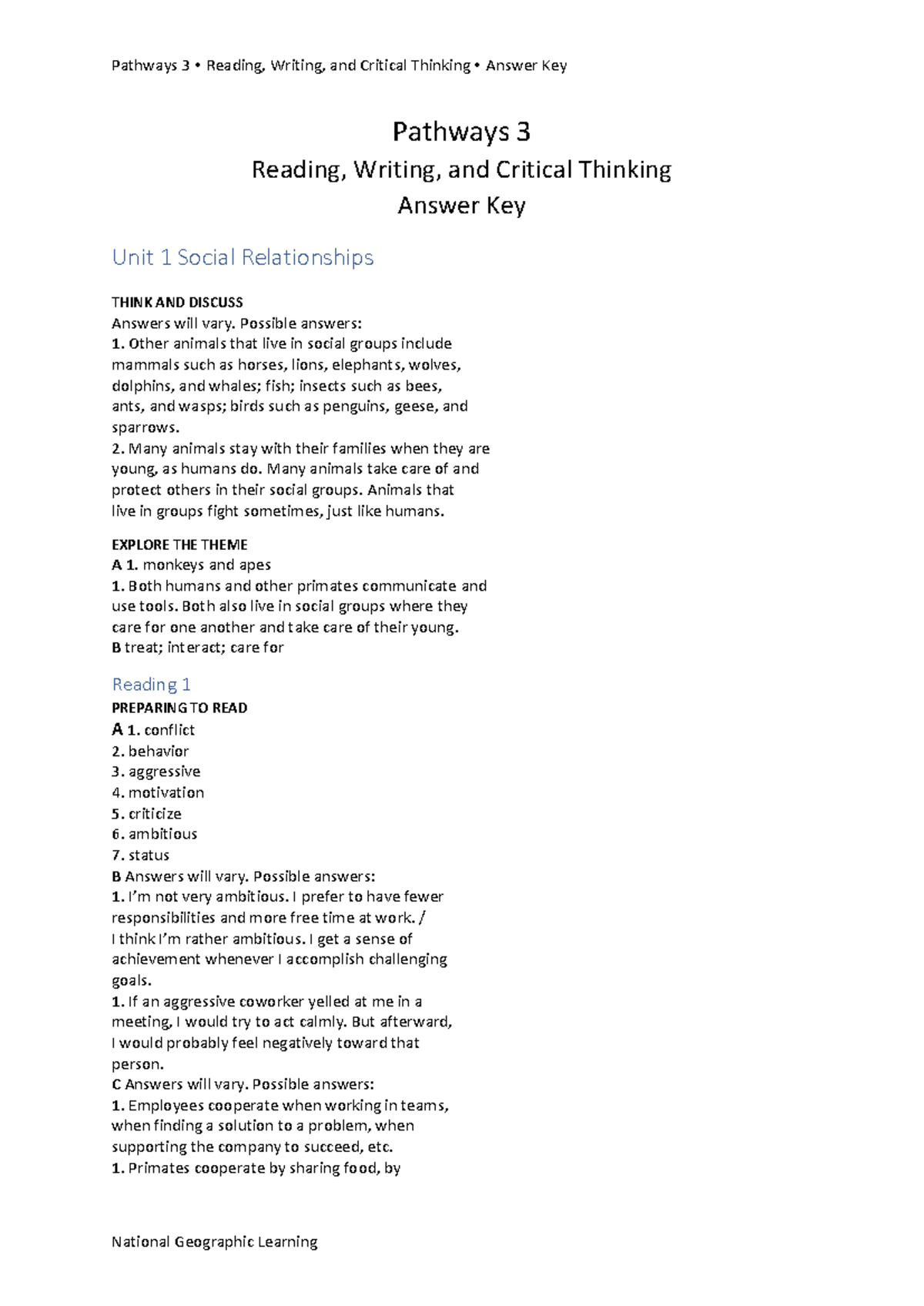 499805926 NGL Pathways 3A RW Unit 1 & 2 Answer Keys - Studocu