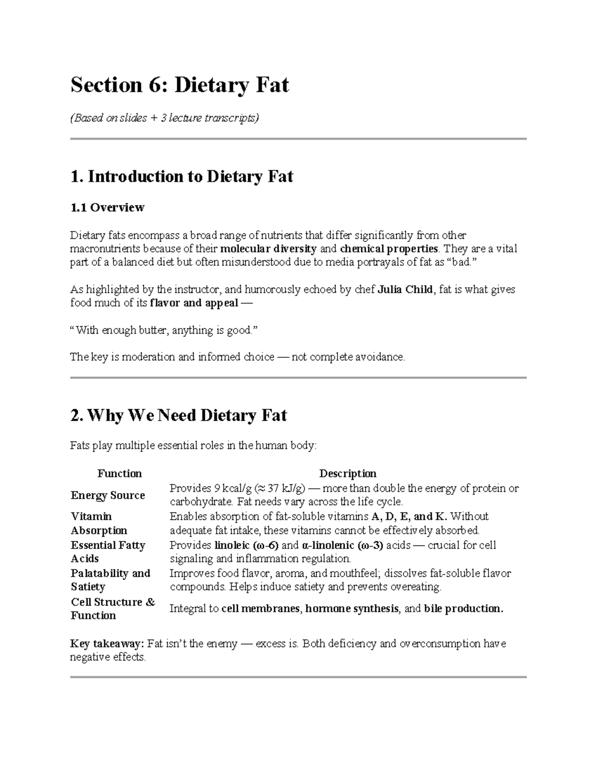 Section 6: Dietary Fats Lecture Notes for HUBI 2002 - Studocu
