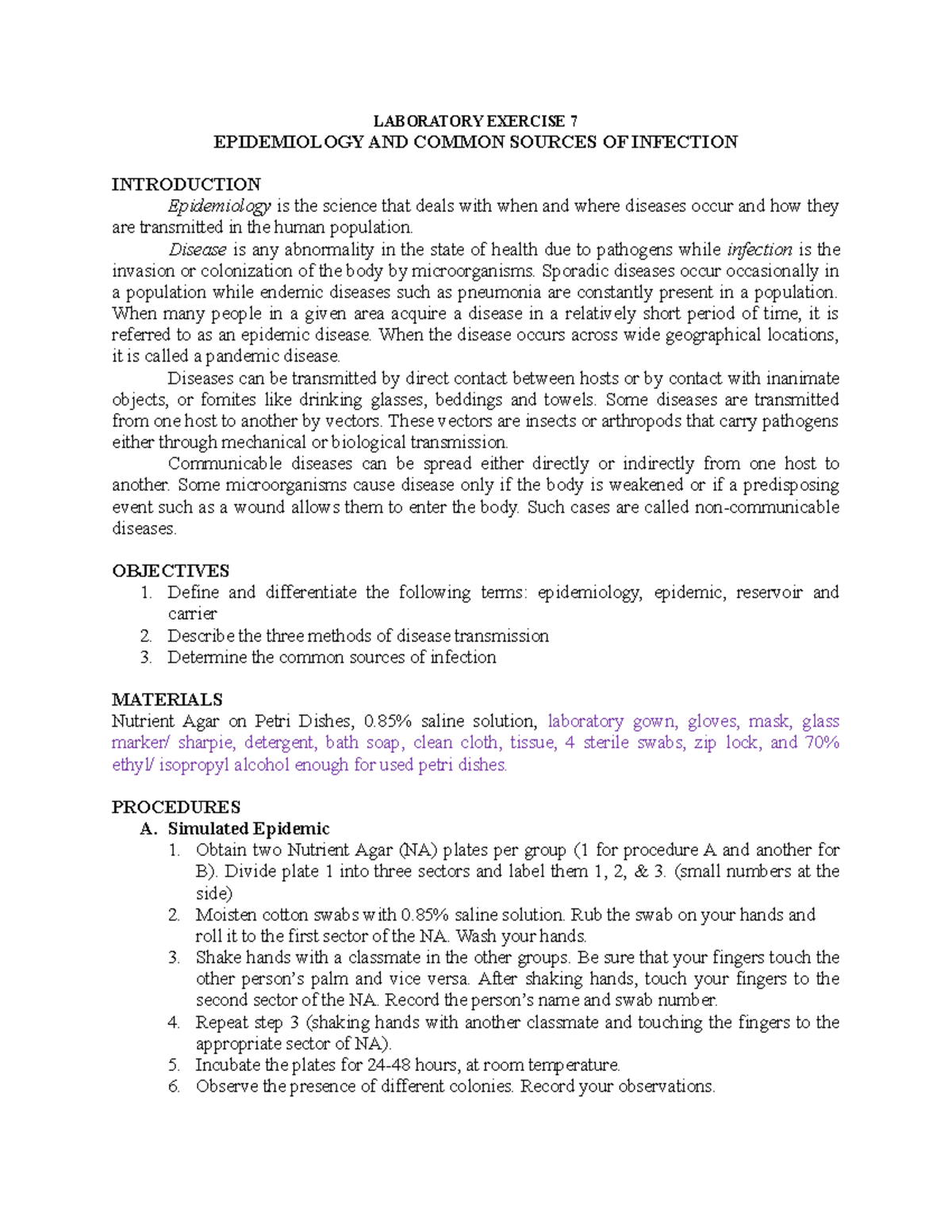 LABORATORY EXERCISE 7: EPIDEMIOLOGY & INFECTION SOURCES - Studocu