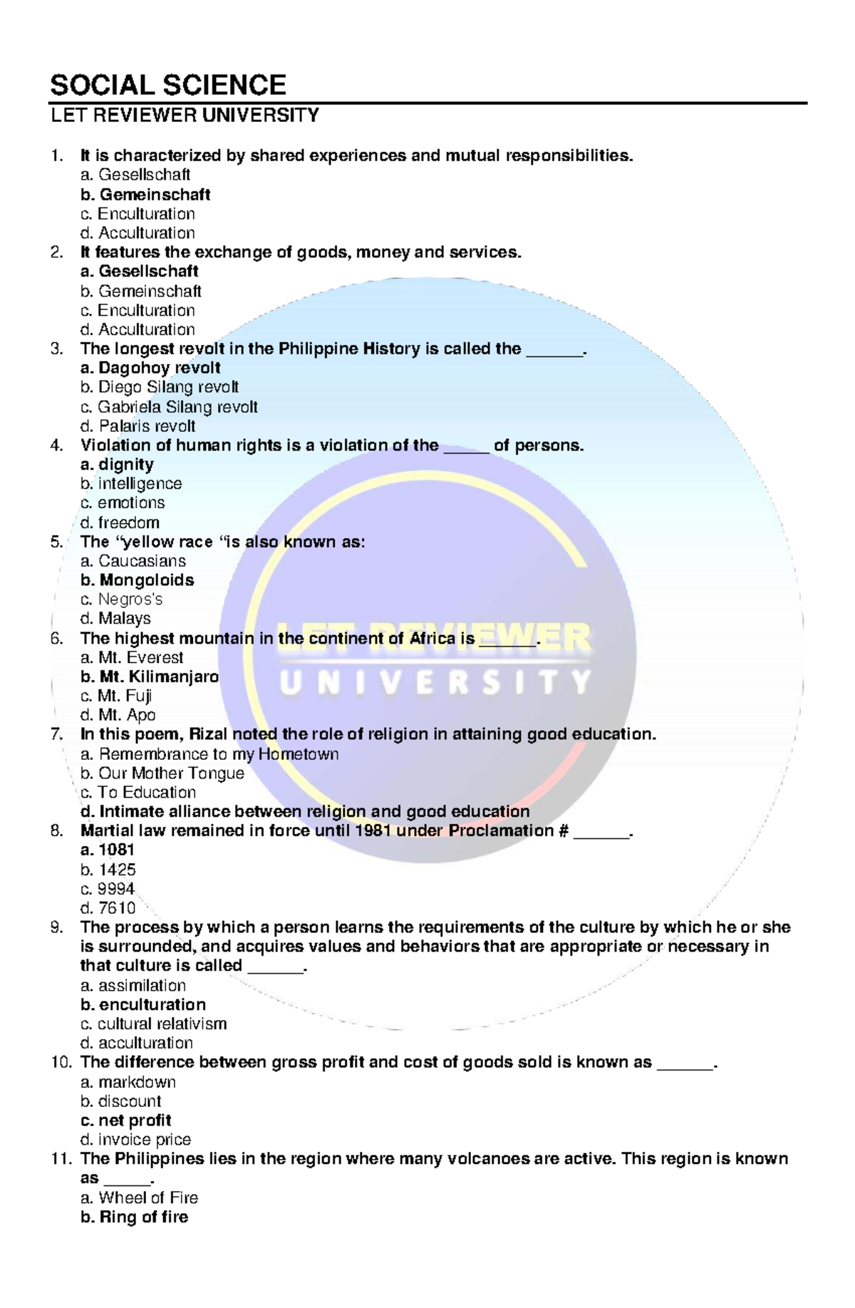 SOCIAL SCIENCE LET REVIEWER UNIVERSITY 1: E Study Guide - Studocu