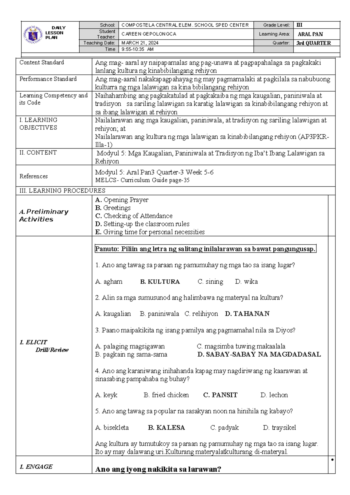 Aral Pan 3 - Week 5 Lesson Plan on Culture and Traditions - Studocu