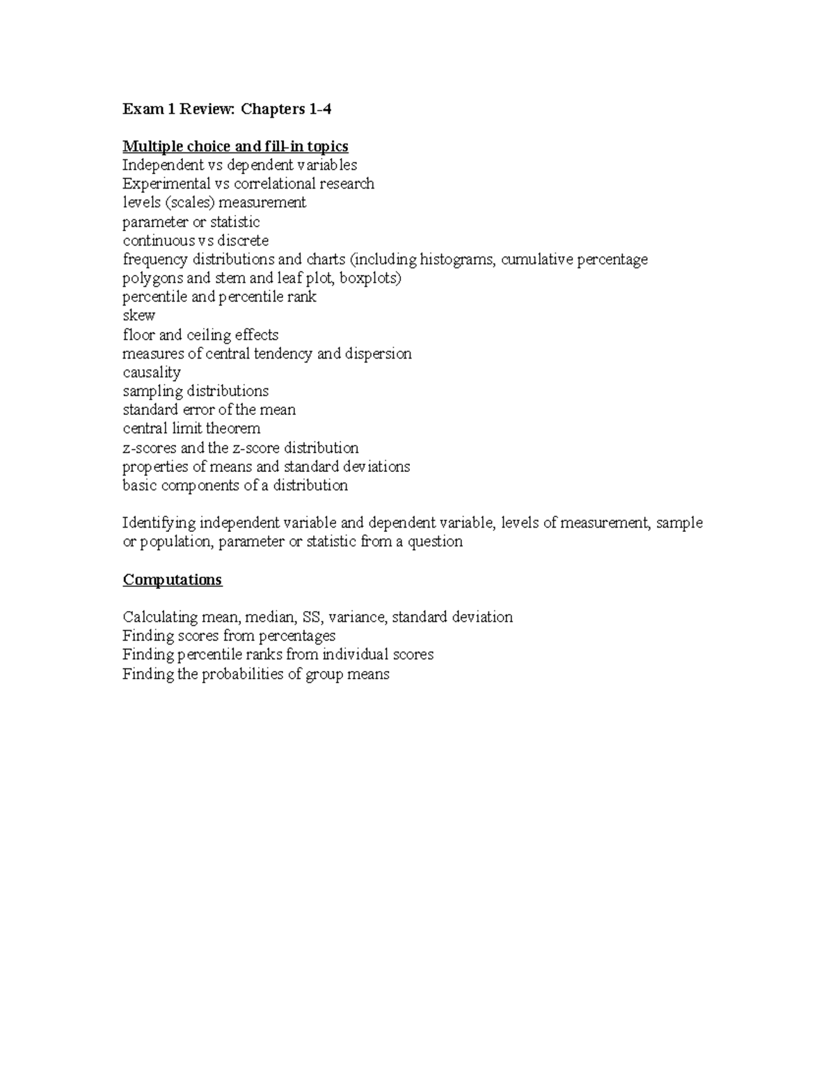 Statistics for the Behavioral Sciences Exam 1 Study Guide Review - Studocu