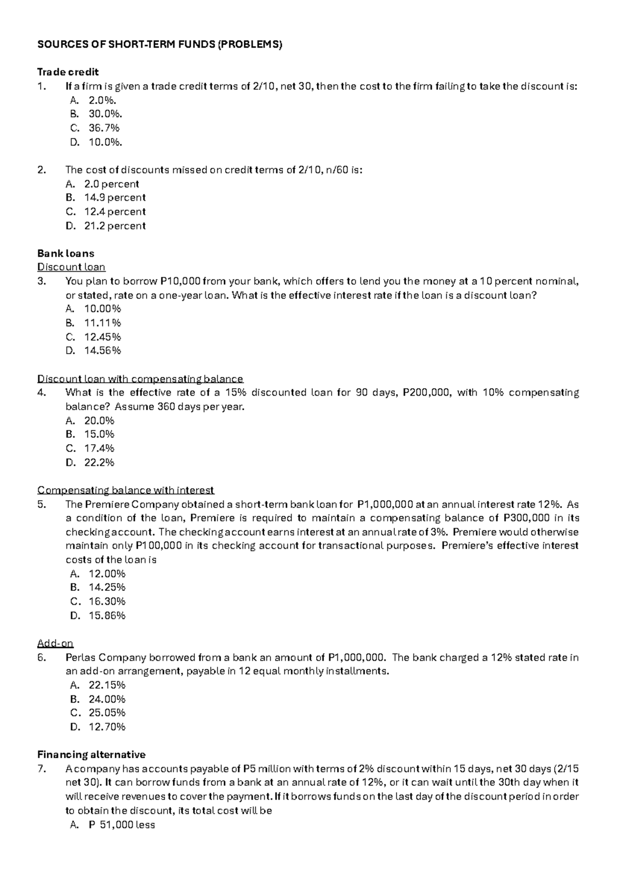 Sources of Short Term Funds (Problems) - Trade Credit & Loans - Studocu
