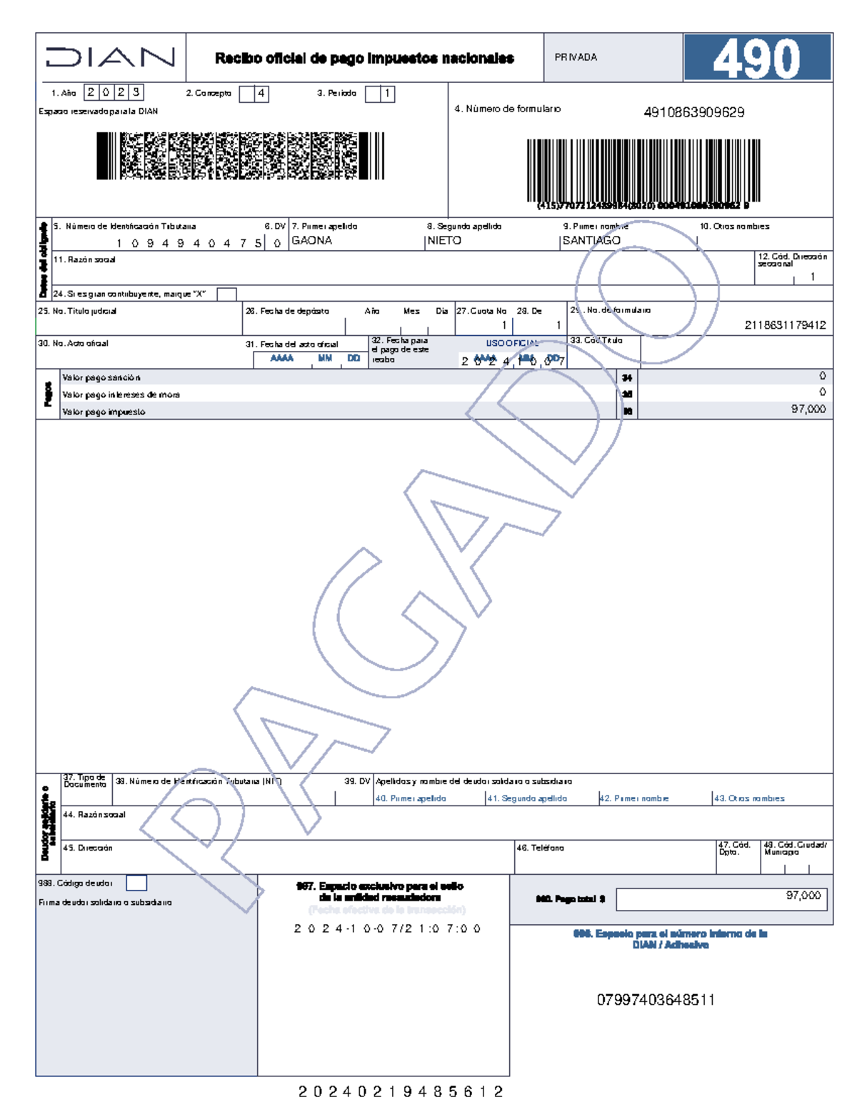 Formulario 490 Recibo DE PAGO Santiago Gaona - Firma deudor solidario o
