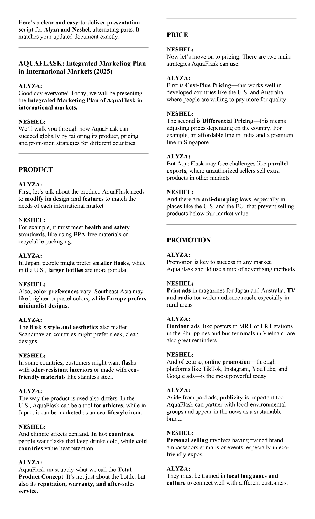AQUAFLASK: Integrated Marketing Plan Presentation Script (2025) - Studocu