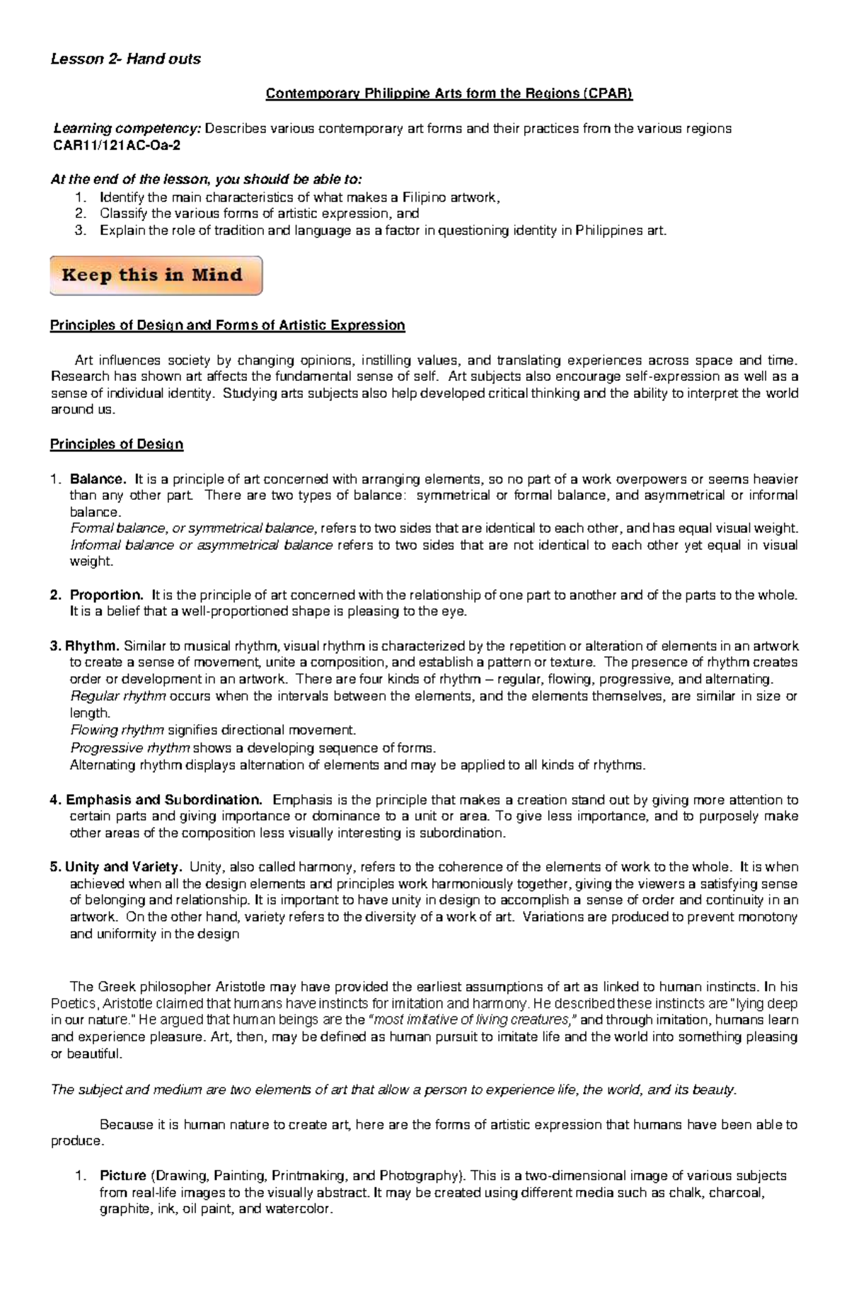Lesson Handouts on Contemporary Philippine Arts (CPAR) - Studocu