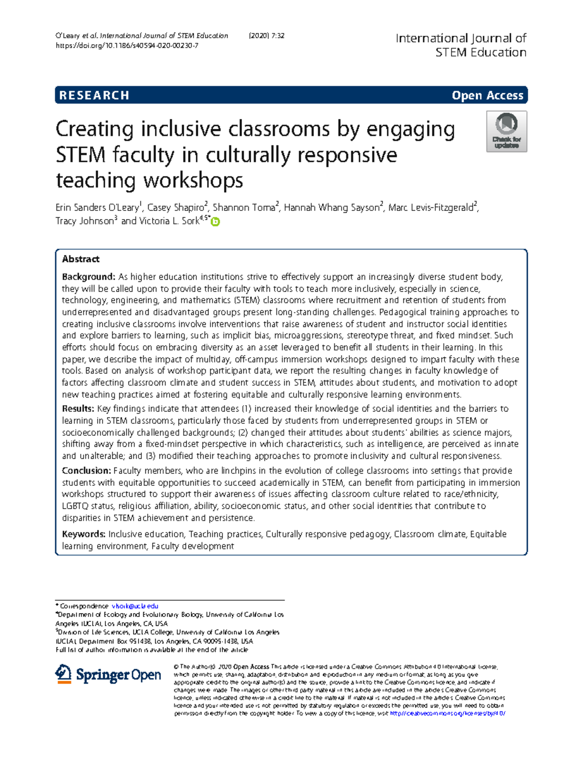 Creating Inclusive Classrooms: Engaging STEM Faculty in Culturally ...