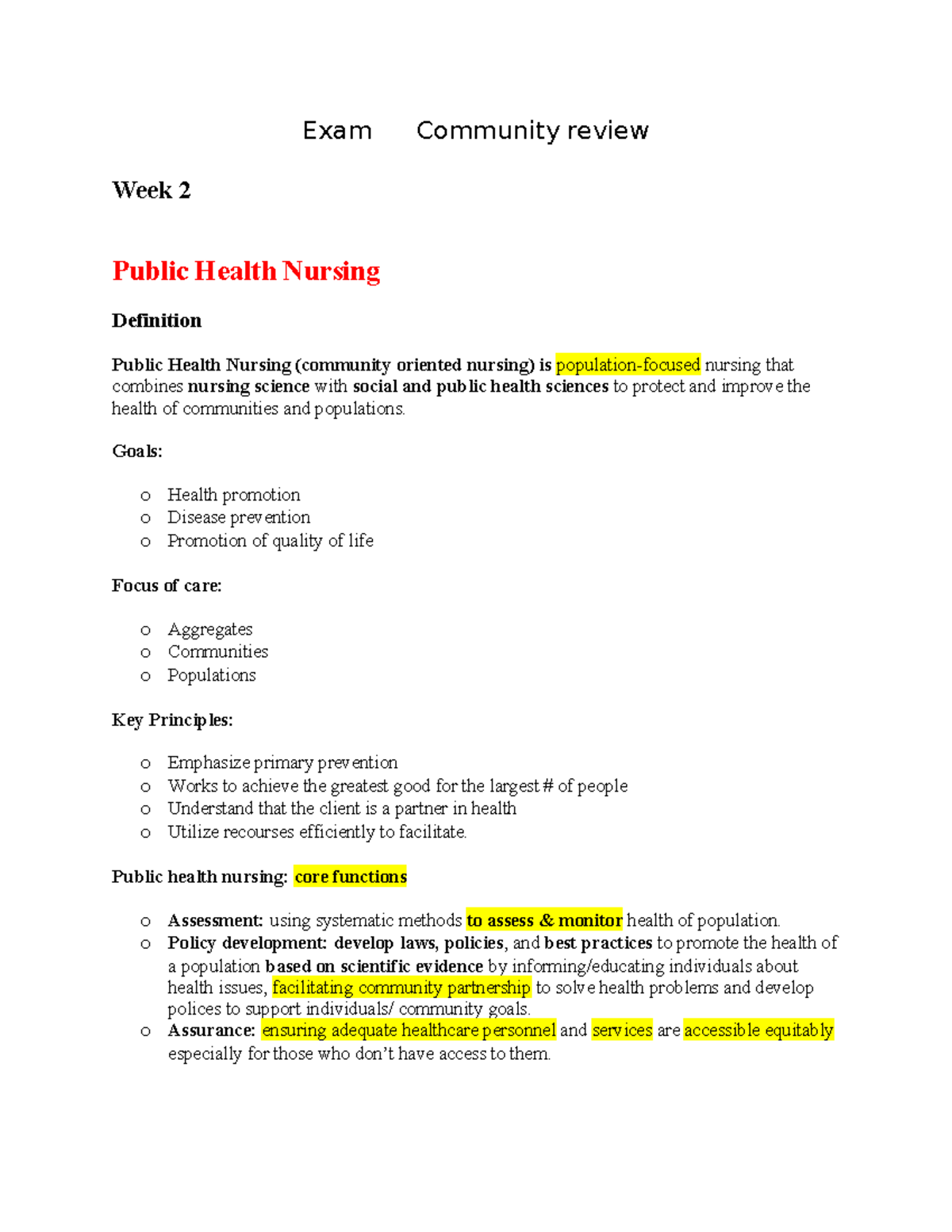 Exam 1 Week 2 Review: Public Health Nursing Concepts - Studocu
