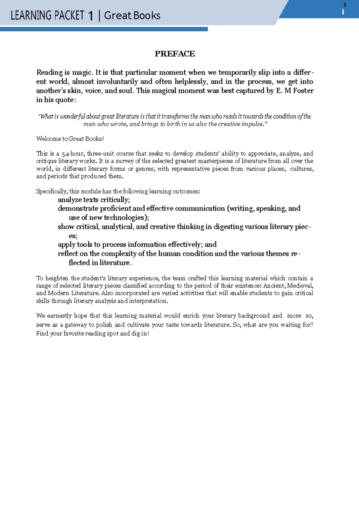 1 Great Books: Lecture Notes on Literature 101 - Studocu