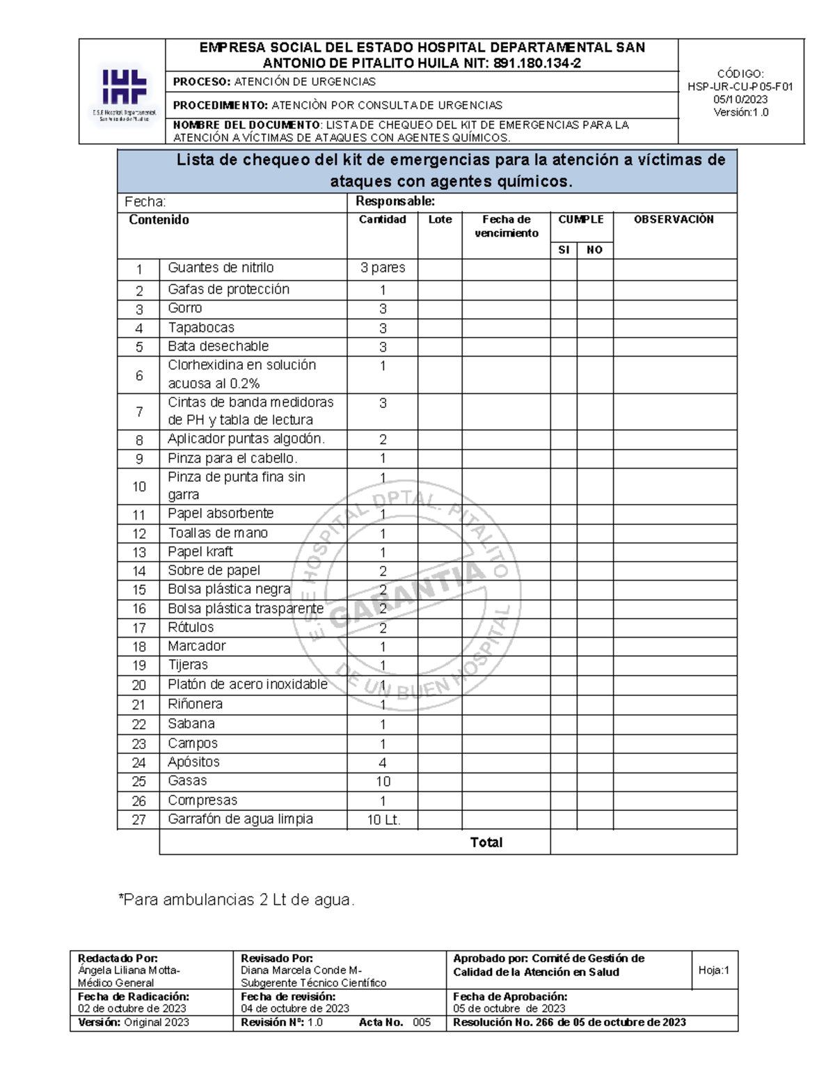 Lista de Chequeo del Kit de Emergencias para Víctimas de Agentes Químicos - HSP-UR-CU-P05-F - Document Preview