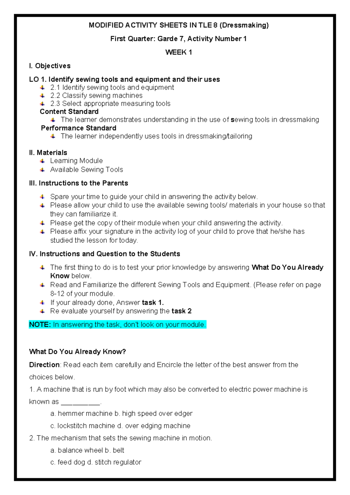Modified Activity Sheets in TLE 8: Dressmaking Techniques and Tools ...