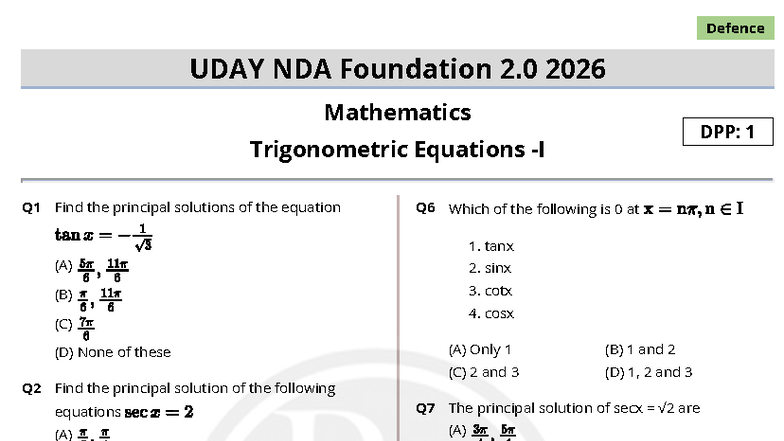 Defence UDAY NDA Foundation 2.0 2026 Math DPP: Trigonometric Equations ...