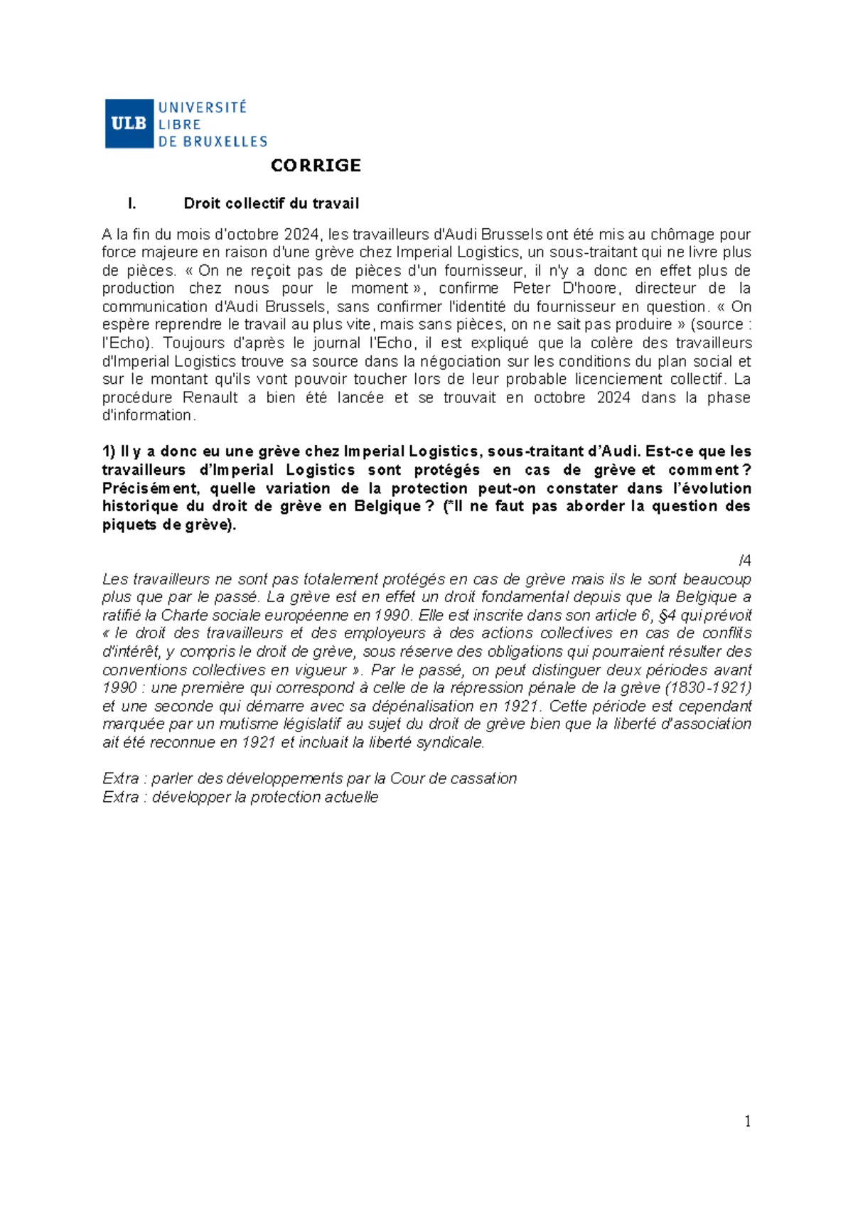 Examen CORRIGE - Droit Collectif du Travail (2024) - Studocu