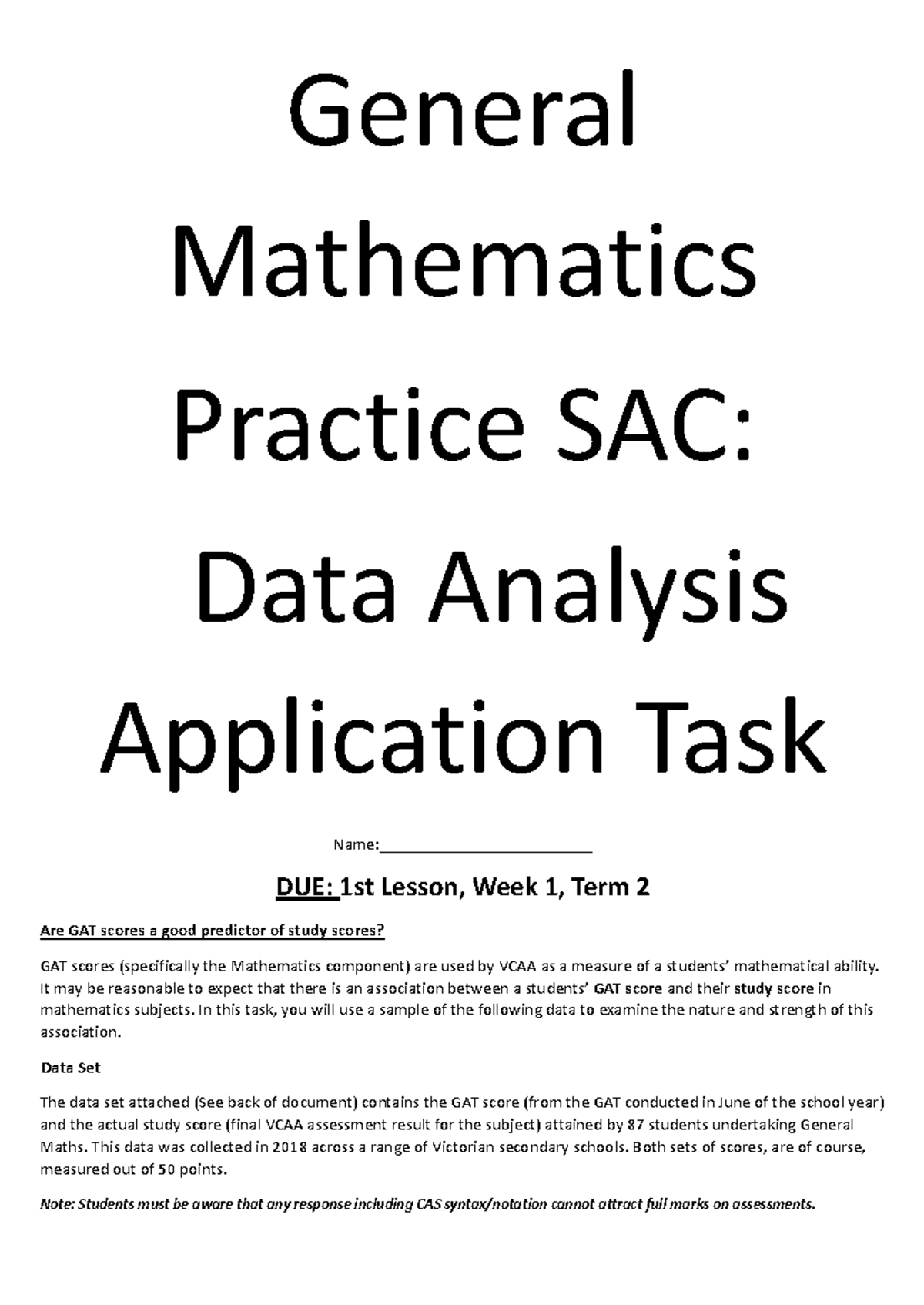 General Mathematics Practice SAC: Analyzing GAT Scores & Study Scores ...