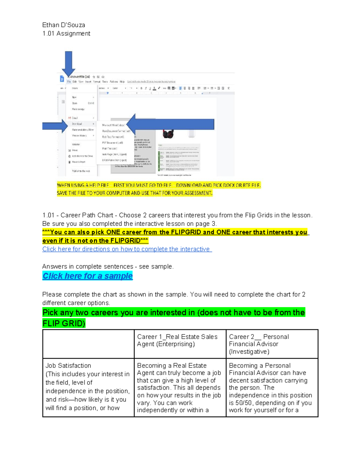1.01 Financial Literacy Assignment - 1 Assignment 1 - Career Path Chart ...