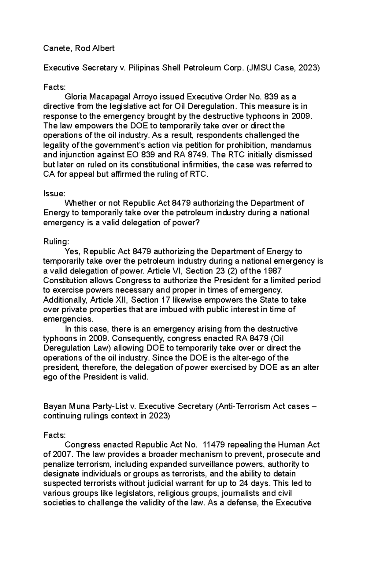 Canete Consti 2 Case Digests: Key Legal Rulings (2023) - Studocu