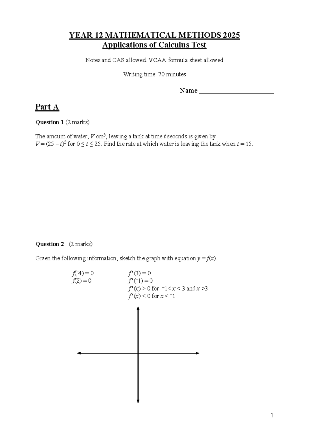 YEAR 12 MATHEMATICAL METHODS 2025 Applications of Calculus Test Notes ...