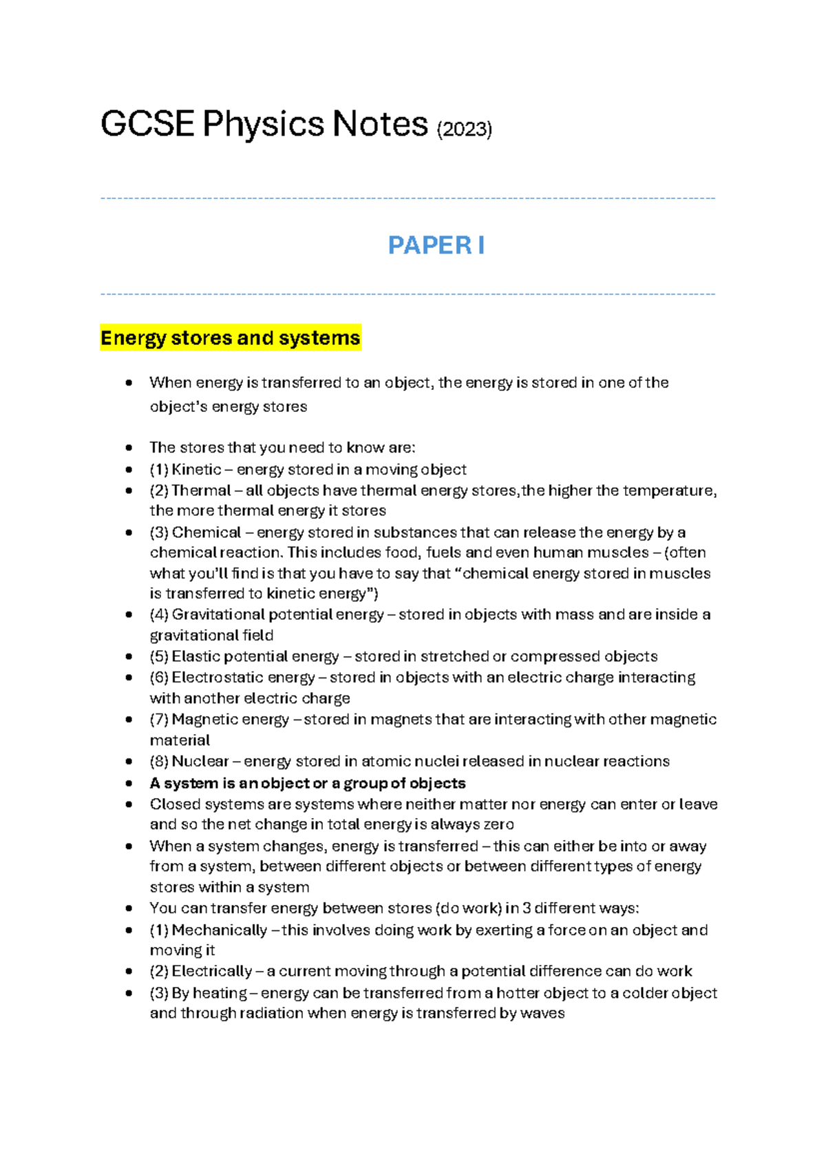 GCSE Physics Notes (2023) - Energy Stores and Systems Overview - Studocu