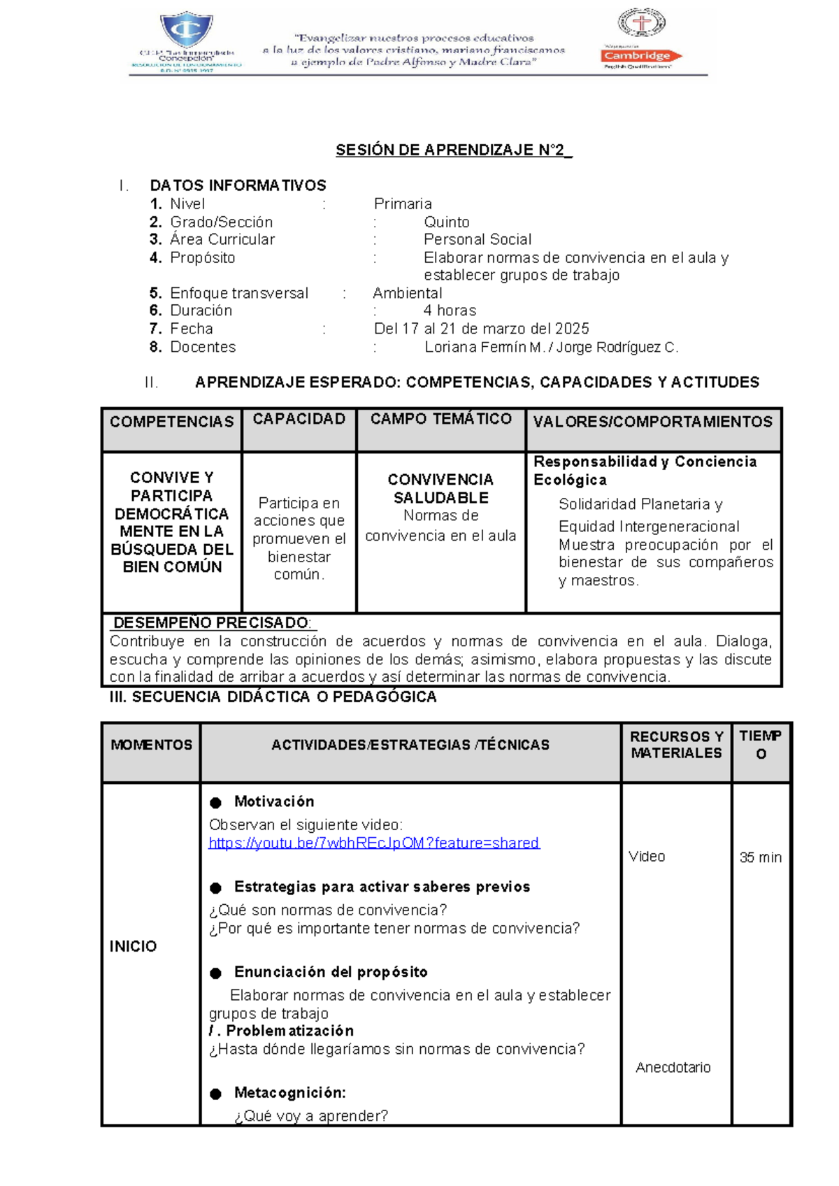 P5° Sesión de Aprendizaje 2 - Normas de Convivencia en Aula 2025 - Studocu