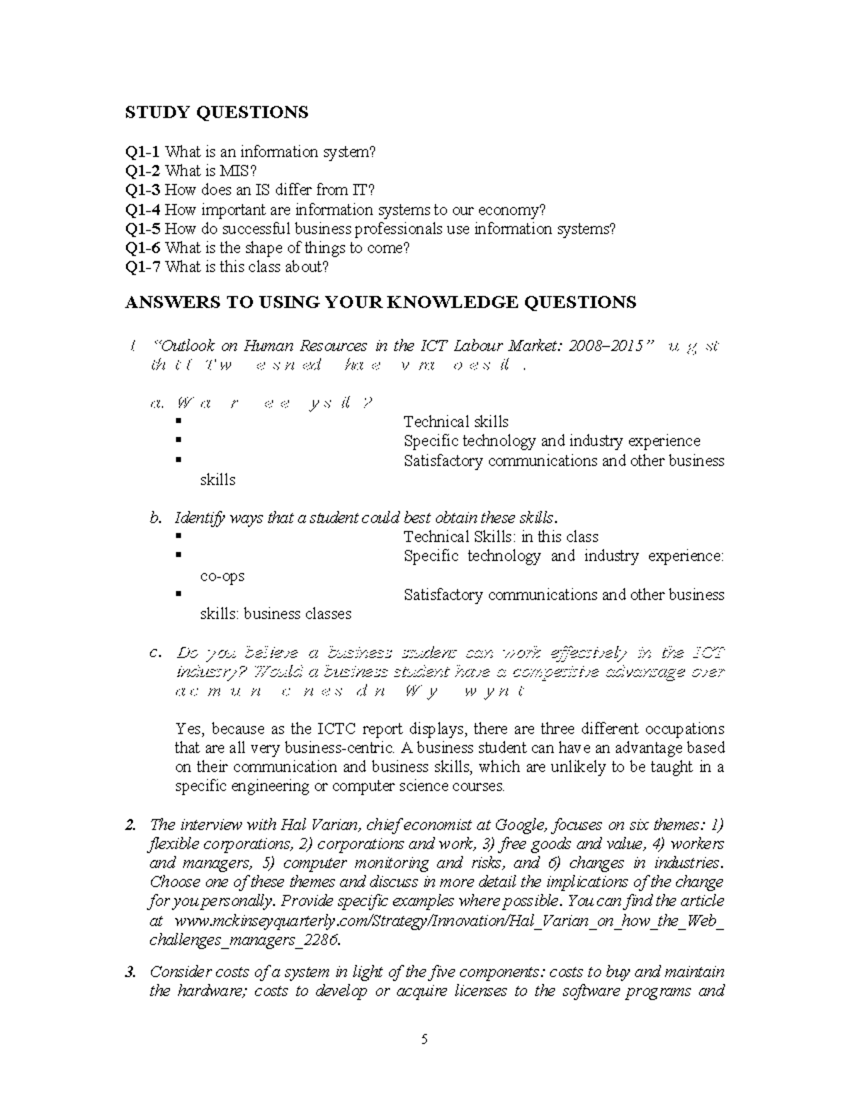 MIS 101: Study Questions and Answers on Information Systems and ICT ...