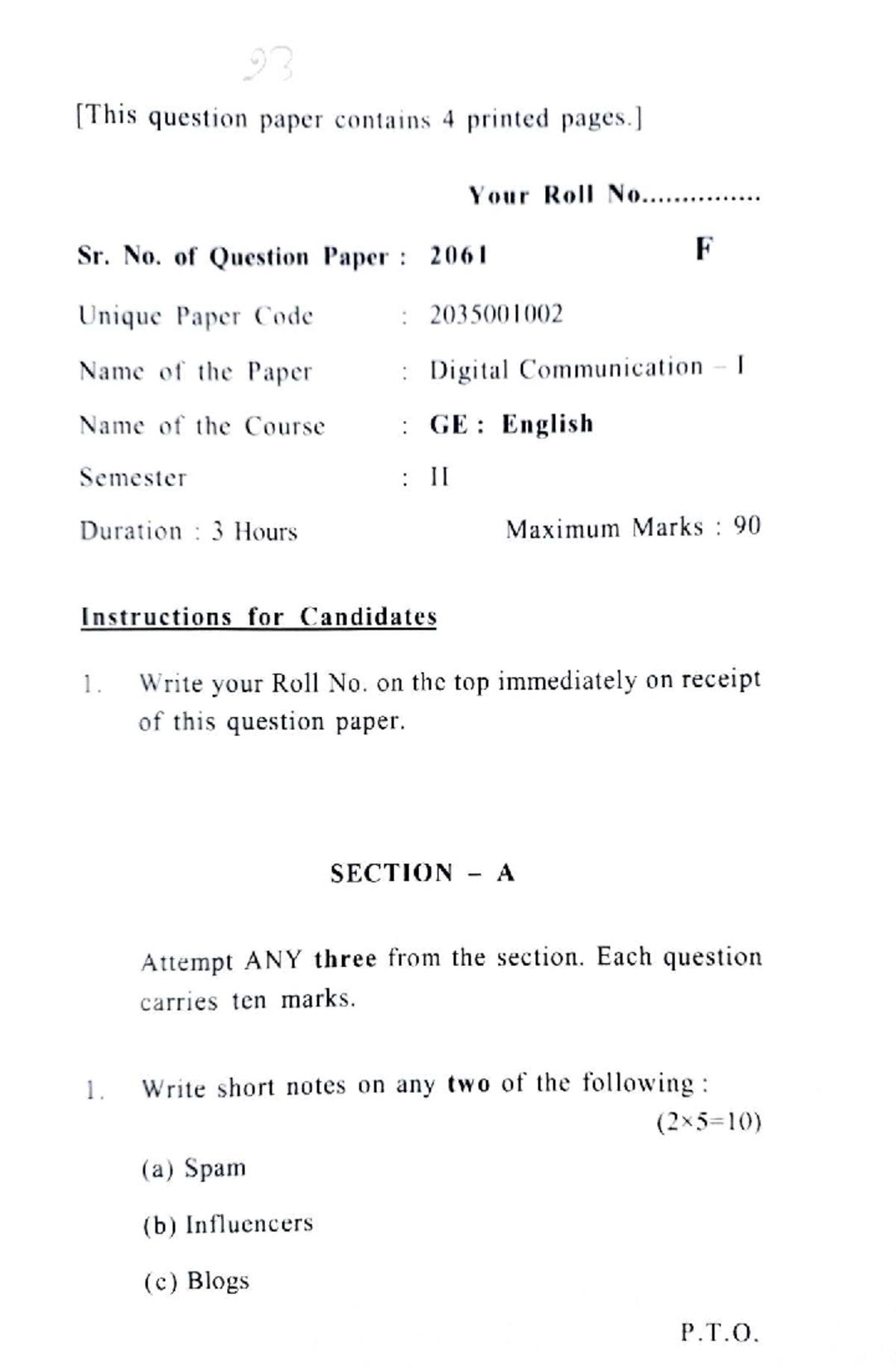 Digital Communication I GE II - Question Paper 2061 (3 Hours, 90 Marks ...