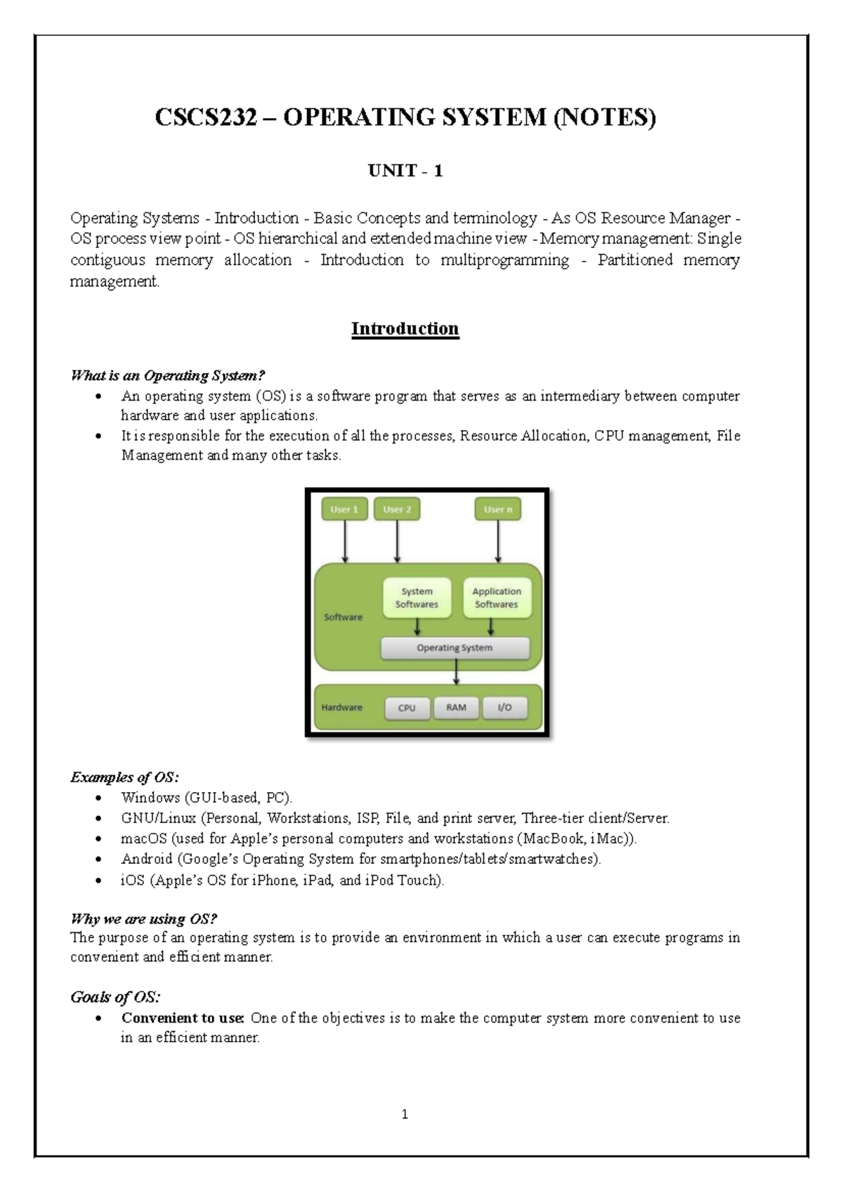 CSCS232 OPERATING SYSTEMS UNIT 1: Intro, Concepts & Memory Management ...