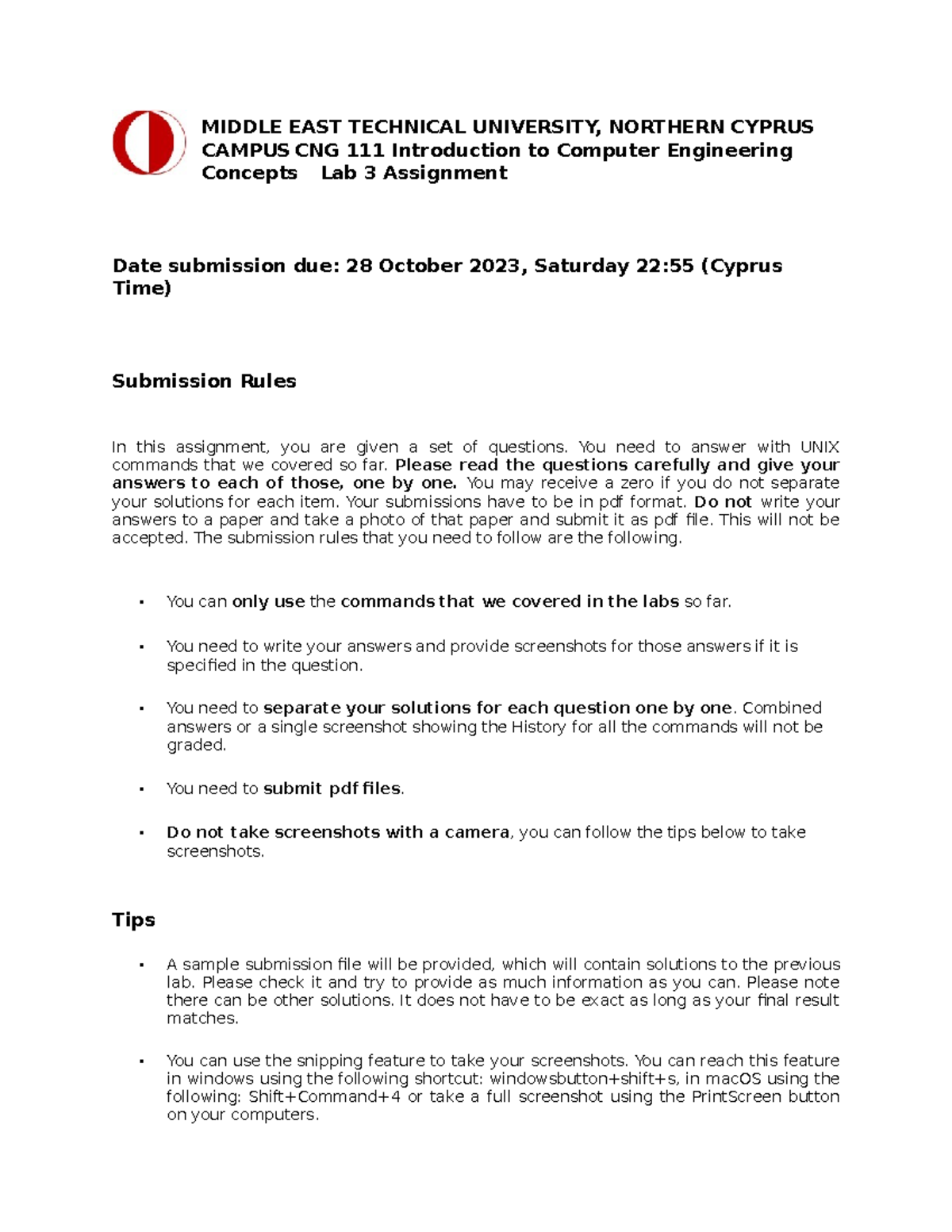 CNG111 Lab 3: UNIX Commands Assignment Guidelines & Questions - Studocu