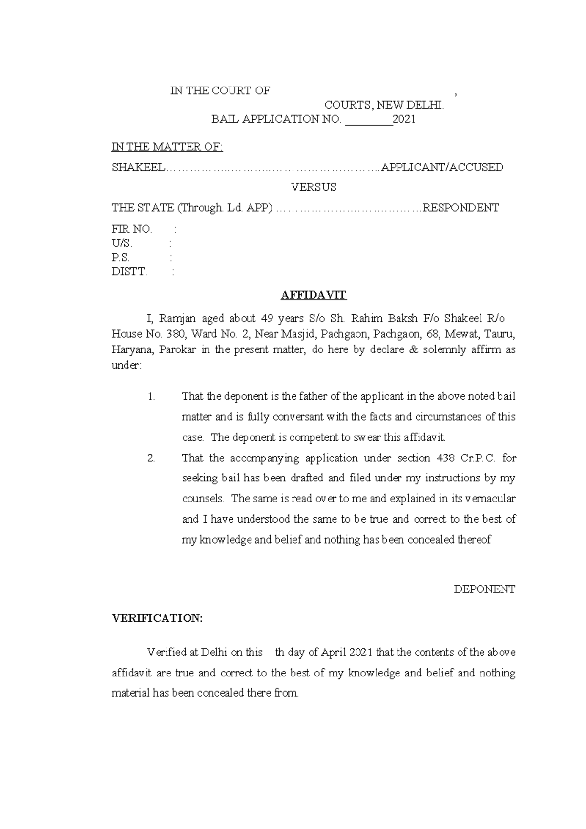 Bail Application Affidavit - Case of Shakeel, FIR No. ________ - Studocu