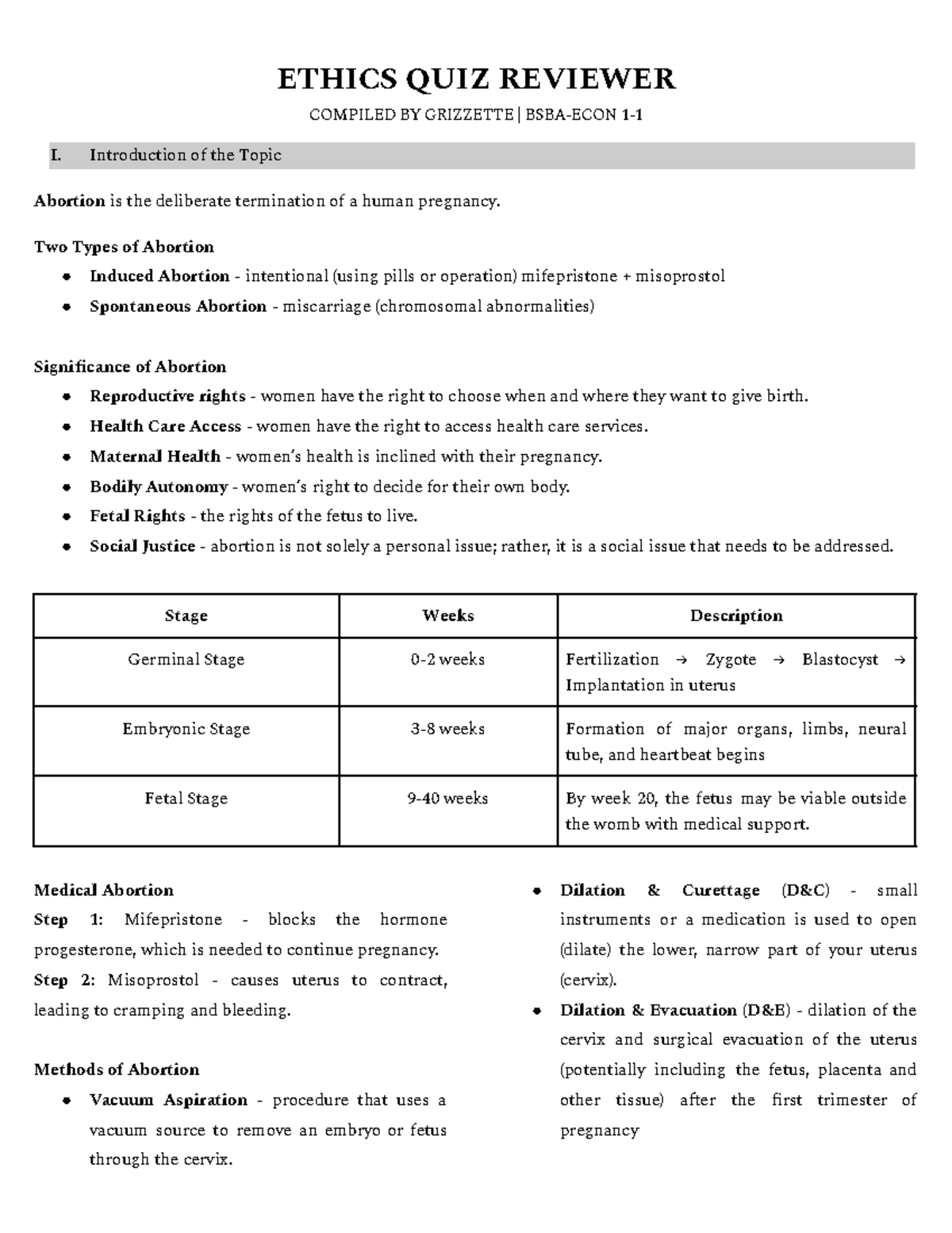 ETHICS QUIZ REVIEWER: ABORTION TOPICS AND MORAL FRAMEWORKS - Studocu