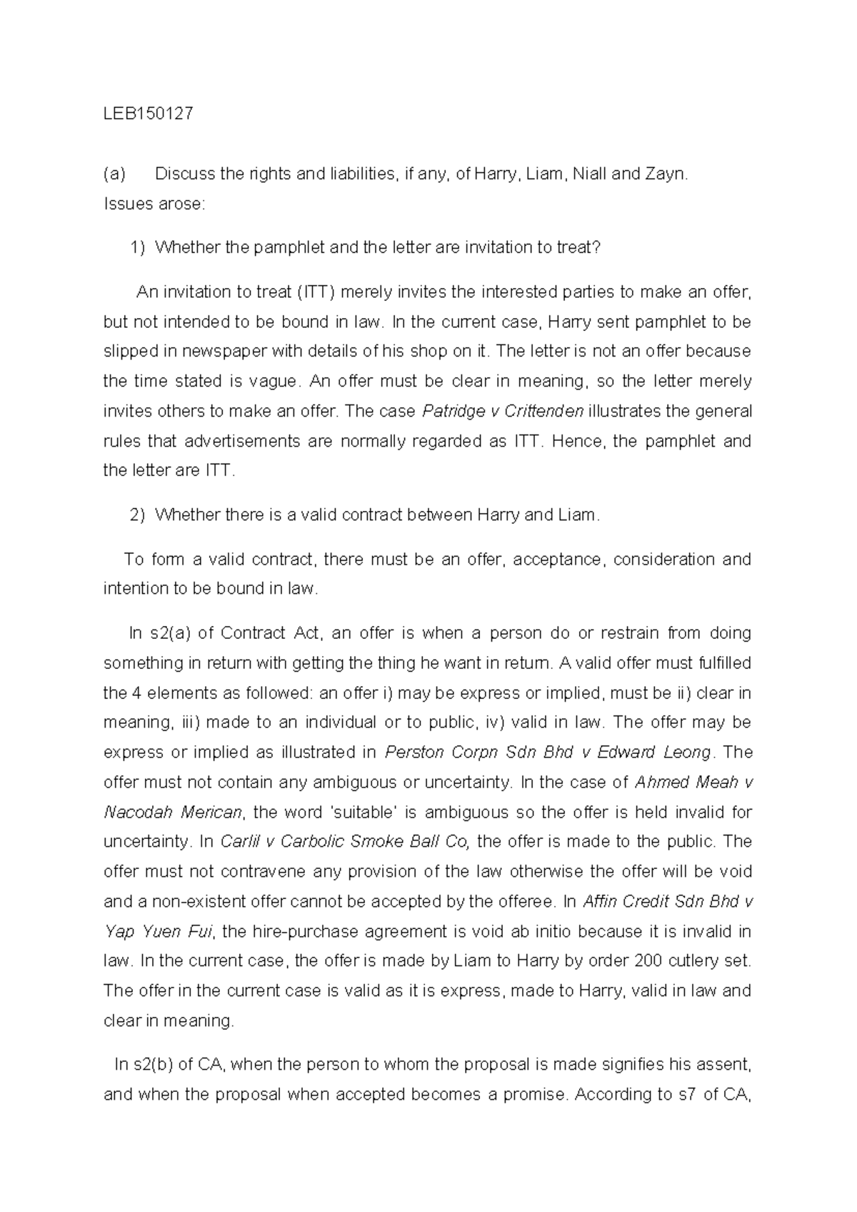 LEB150127 Assignment 1112: Rights and Liabilities in Contract Law - Studocu