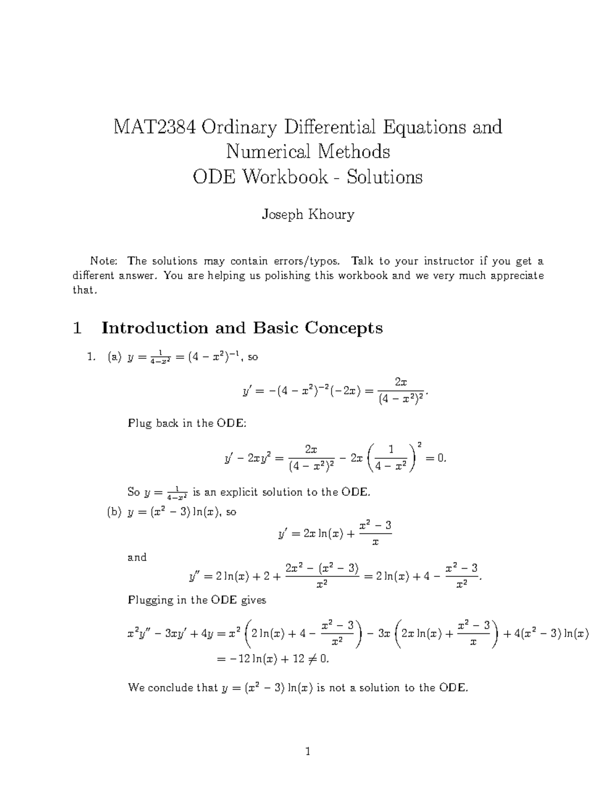 MAT2384 ODE Workbook Solutions: Detailed Step-by-Step Answers - Studocu
