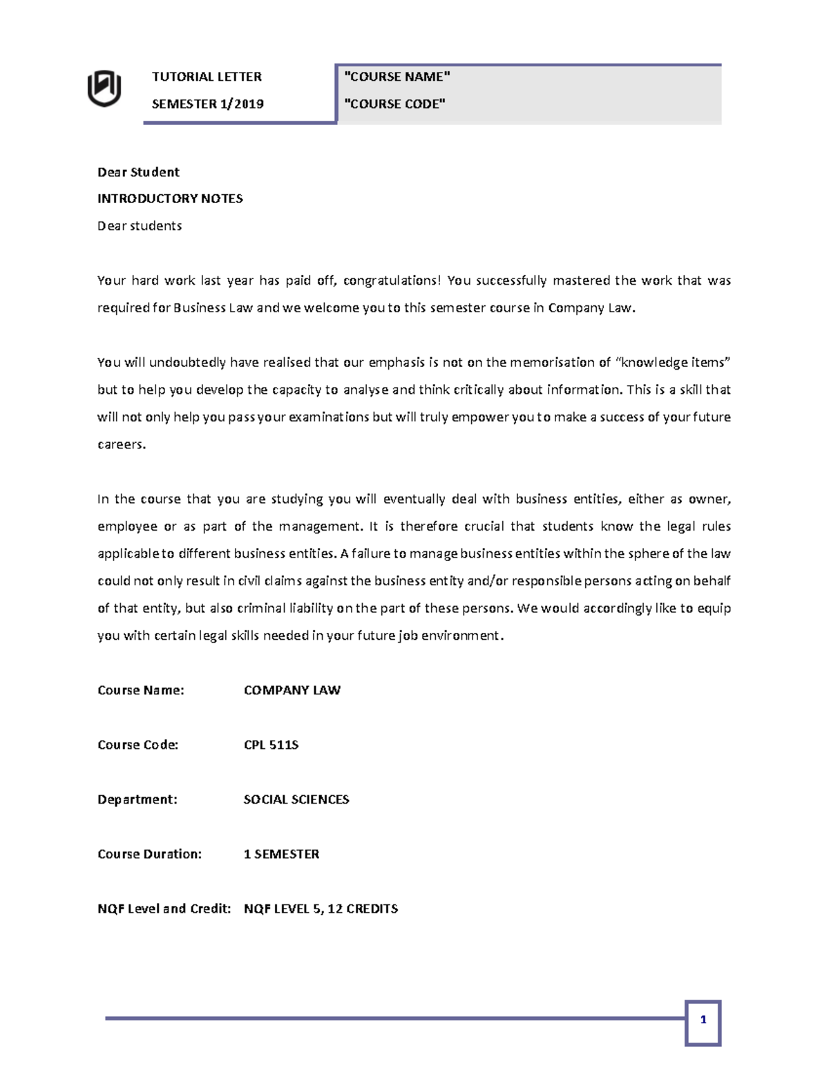 CPL 511S Company Law: Semester 1 Tutorial Letter 2020 - Studocu