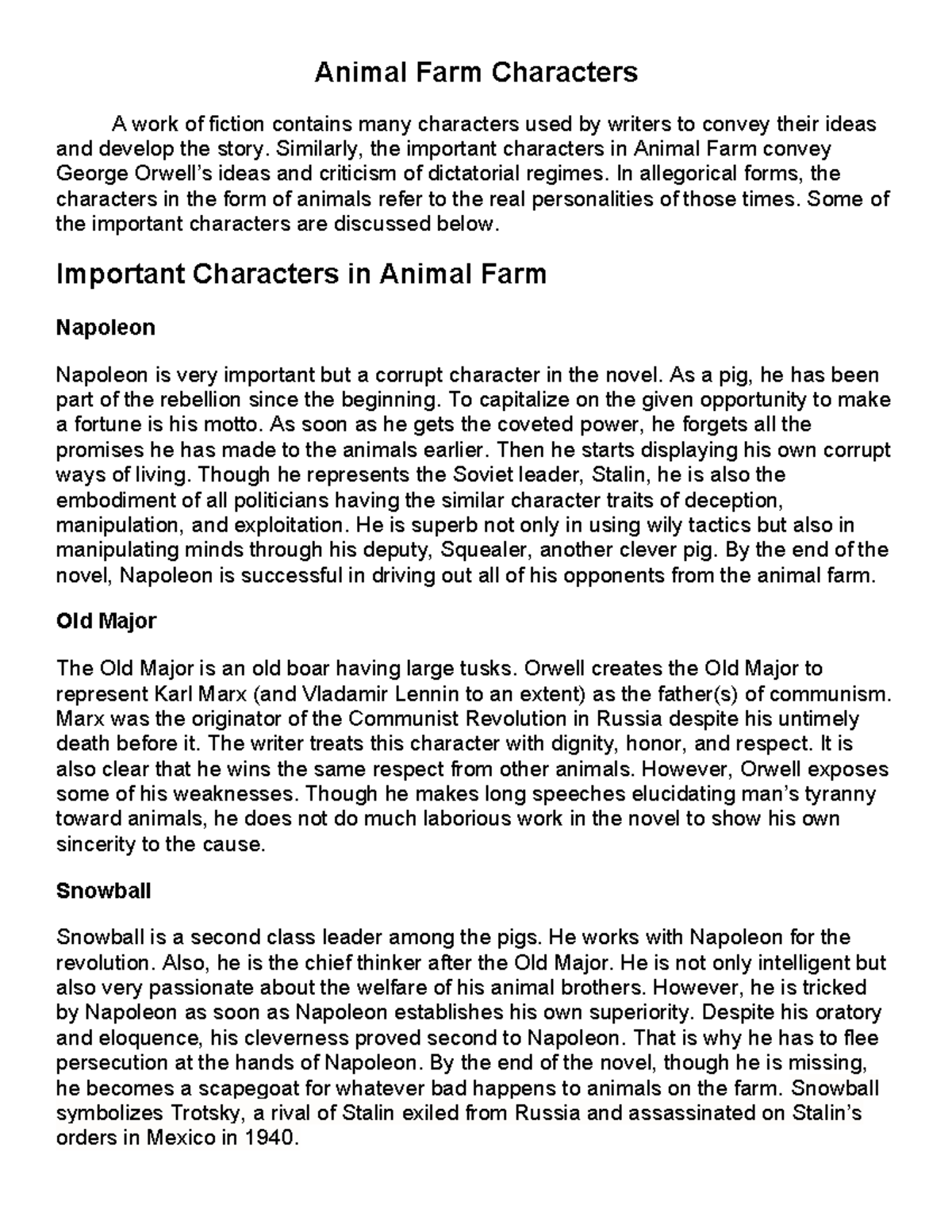Animal Farm character analysis: Key figures and their symbolism - Studocu