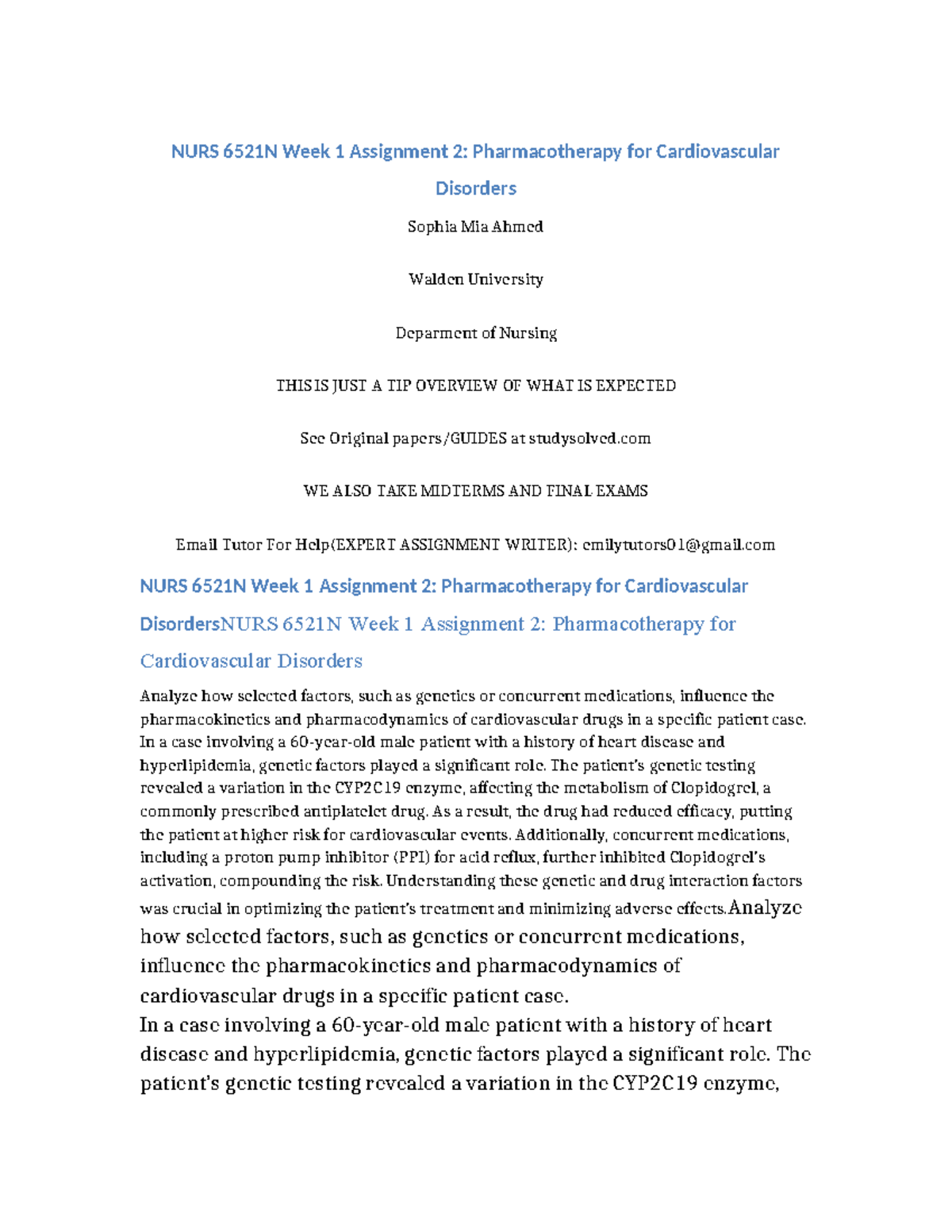 NURS 6521N Week 1 Assignment 2: Cardiovascular Pharmacotherapy Insights ...
