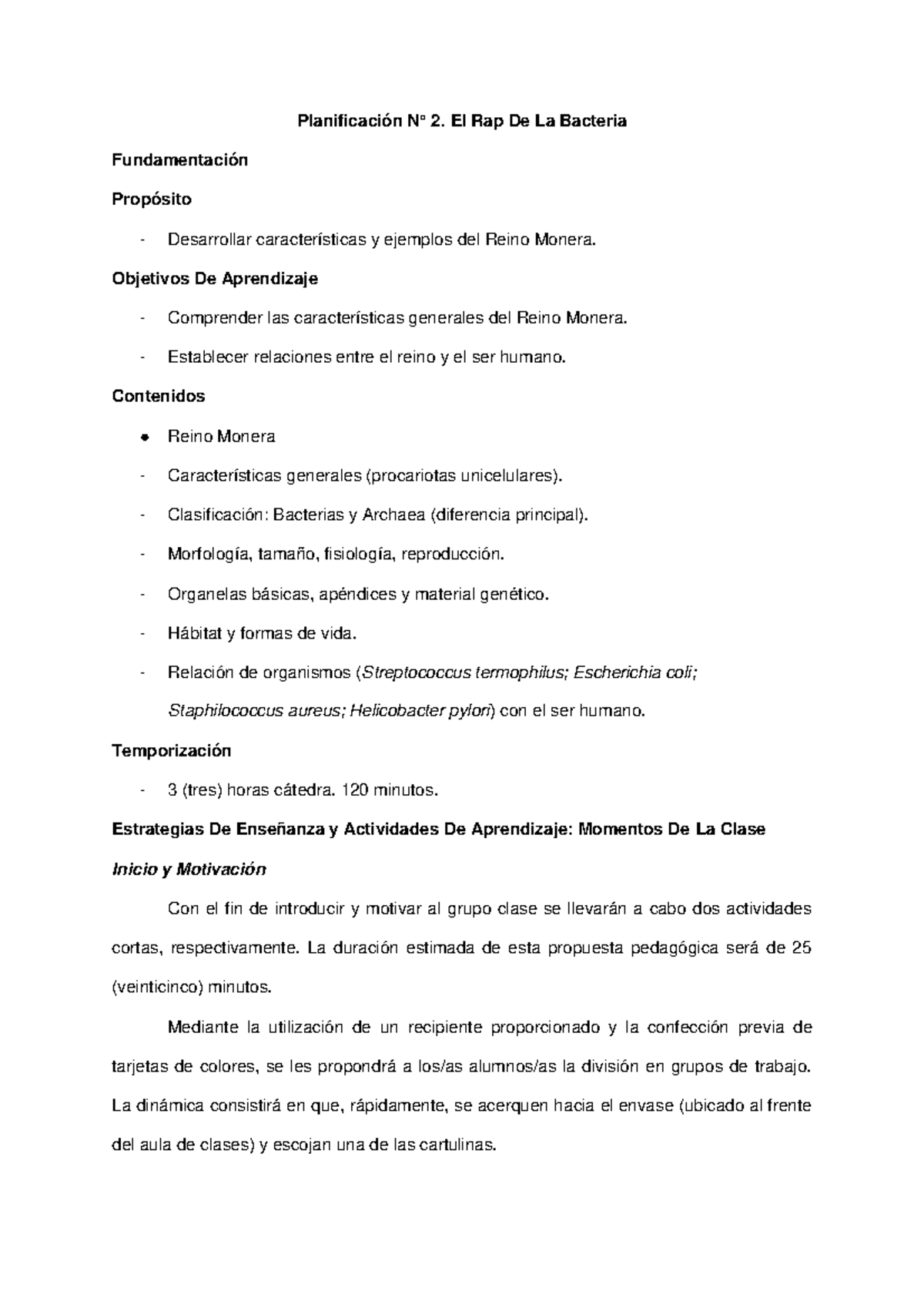 Planificación N° 2: Características y Ejemplos del Reino Monera - Studocu